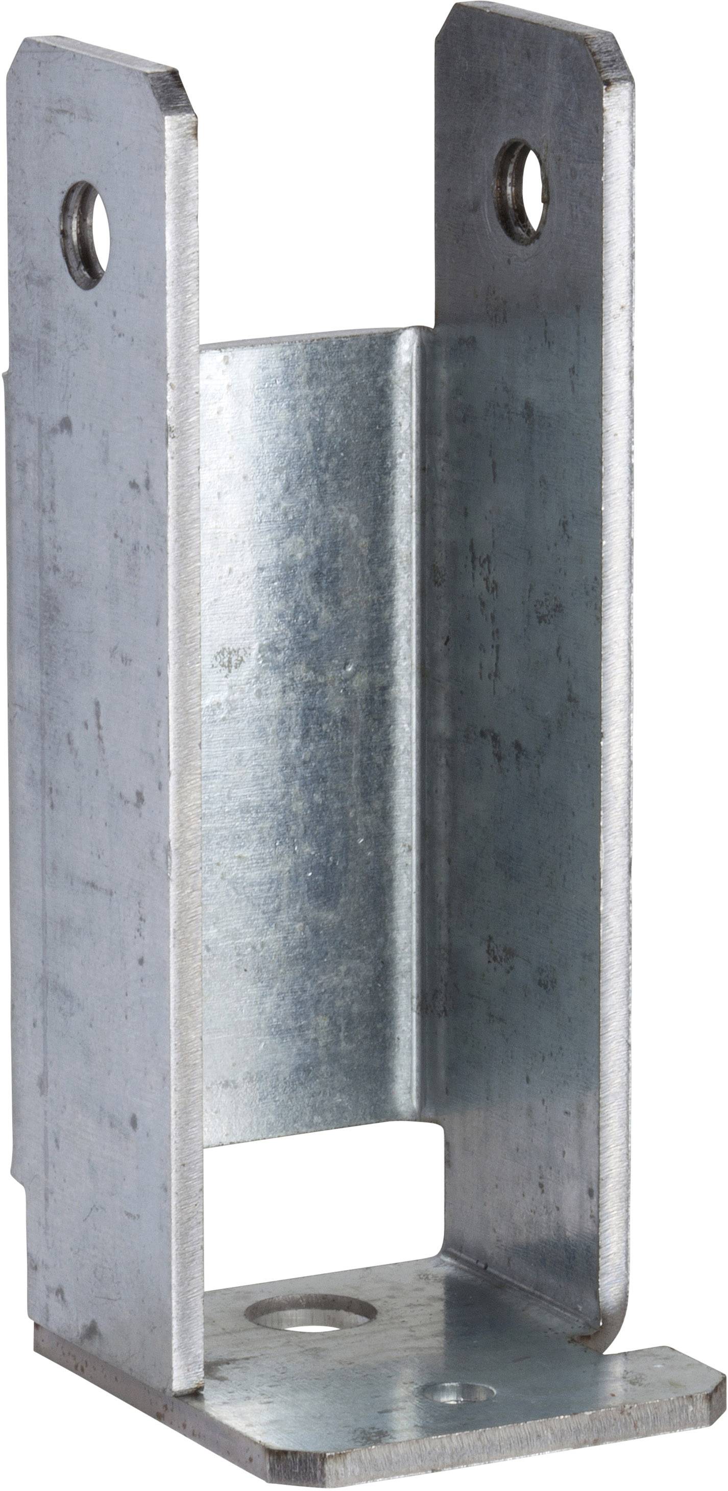 Ein metallischer U-förmiger Träger mit zwei Löchern an jeder Seite, verwendet zur Befestigung oder Stabilisierung in Baukonstruktionen.