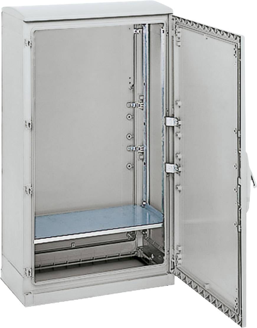 Ein offener Metallschrank mit einer Tür, die nach rechts geöffnet ist. Der Innenraum zeigt ein einzelnes Regalbrett.