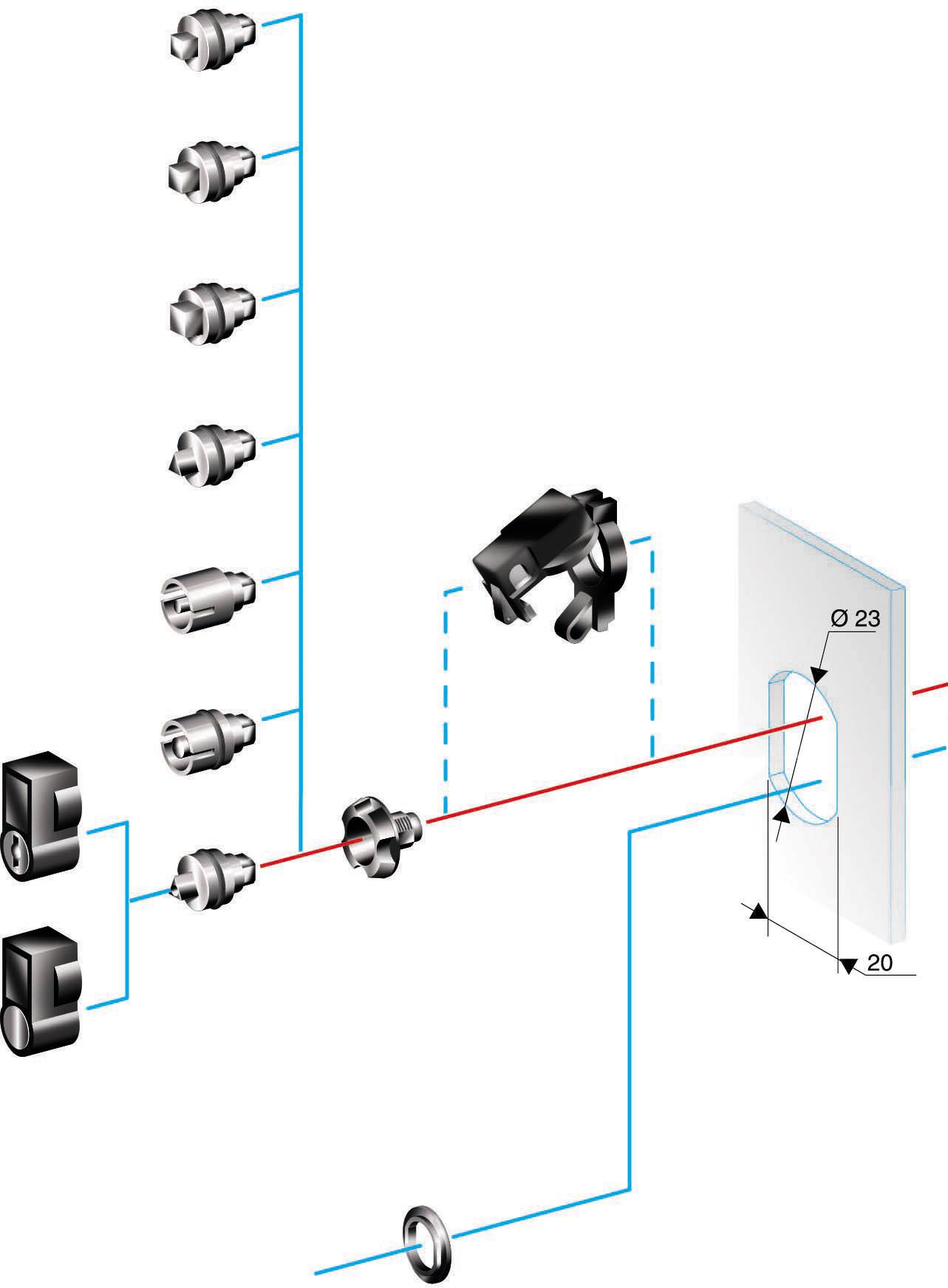 Diagramm der Verkabelung und Komponenten eines Rohrleitungssystems. Zeigt Anschlüsse, Ventile und die Flussrichtung mit Maßangaben.