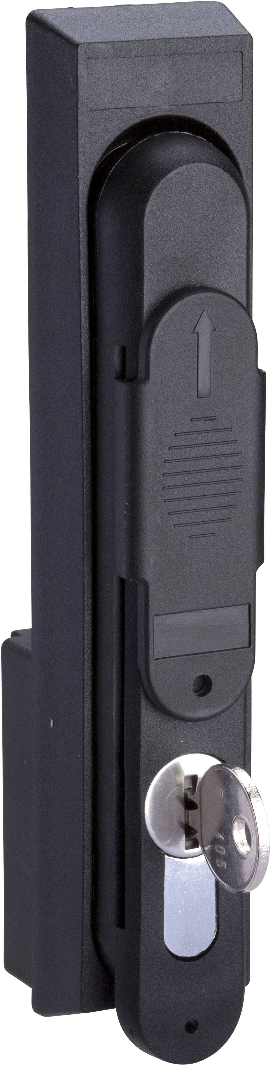 Ein schwarzes Schließzylinderschloss mit integriertem Griff, geeignet für industrielle Türen oder Schaltschränke, mit einem eingelegten Schlüssel.