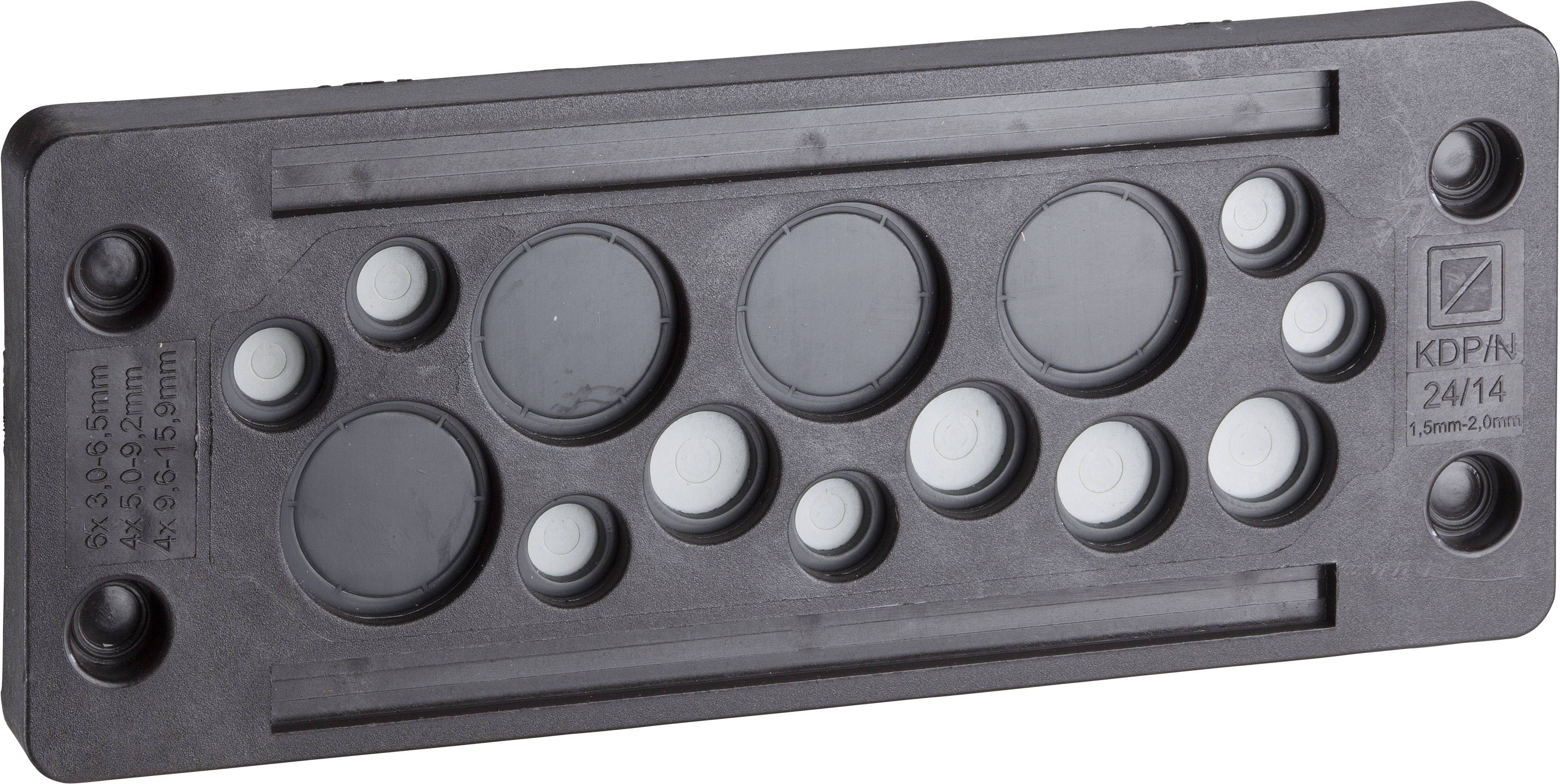 Das Bild zeigt eine schwarze Dichtungseinheit mit mehreren kreisförmigen Gummieinsätzen in zwei Reihen, verwendet in Kabeldurchführungen.