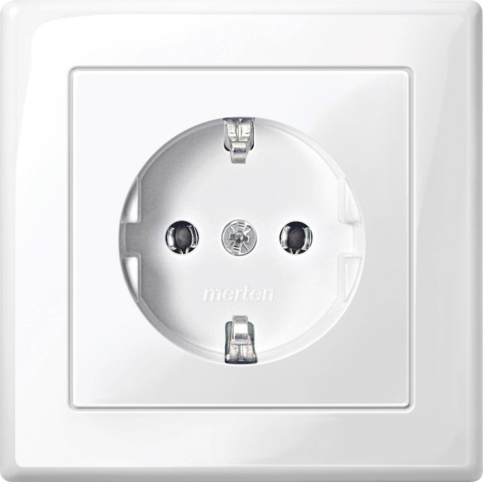 Weiße europäische Steckdose in einer Wandplatte, geeignet für zweipolige elektrische Stecker.