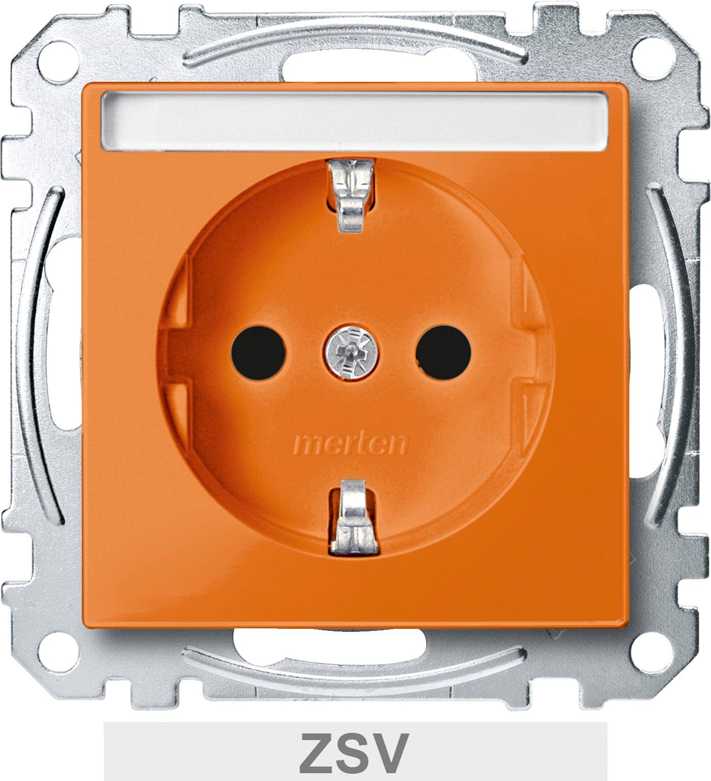 Eine orange Steckdose mit integrierter Beschriftung 'ZSV', eingebaut in einen Metallrahmen, vermutlich für spezifische Schaltzwecke.