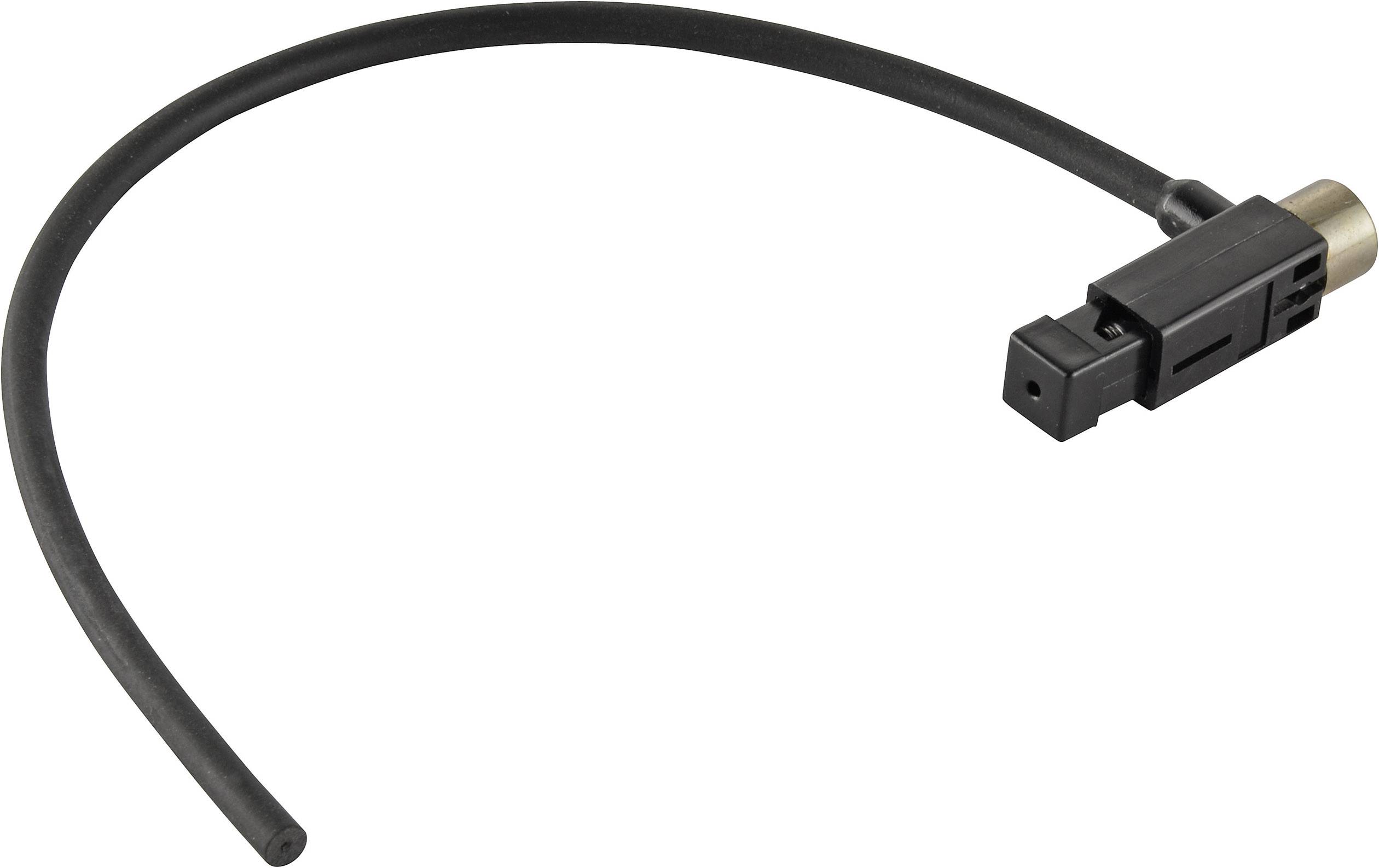 Ein schwarzes ABS-Sensorkabel mit rechteckigem Steckerende und rundem Metallverschluss. Benutzt zur Überwachung der Raddrehzahl.