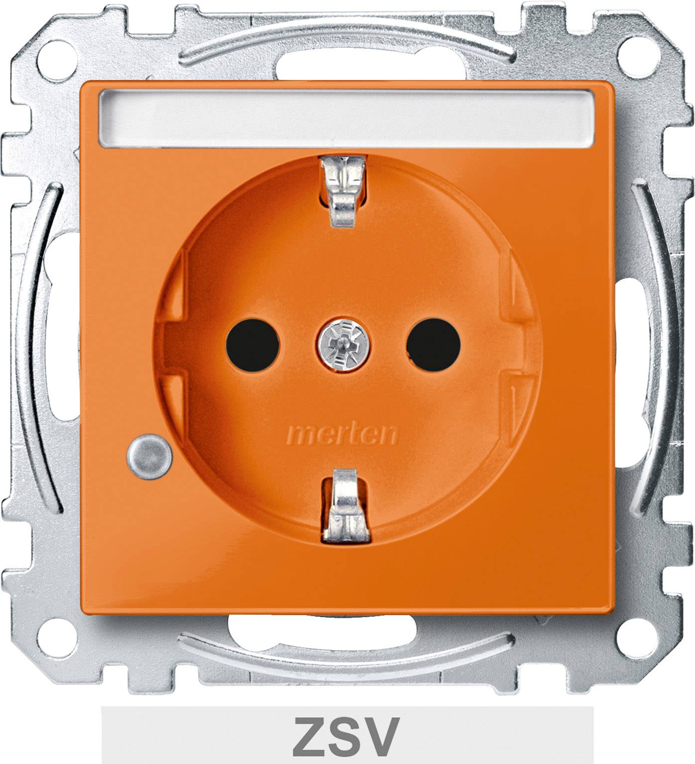 Orange Steckdose mit zwei Löchern und Metallrahmen, beschriftet mit 'ZSV'.