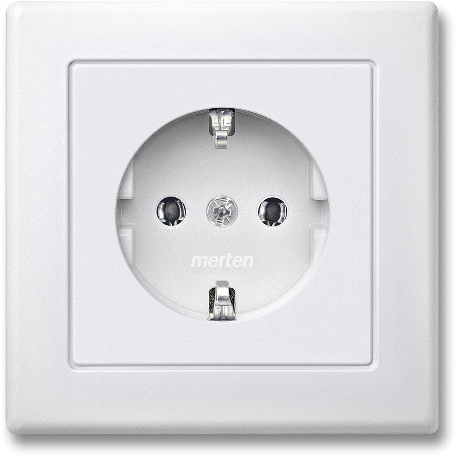 Weiße Wandsteckdose, deutsche Norm, mit zwei Stecklöchern und Schutzleiteranschluss, geeignet für europäische Stecker.