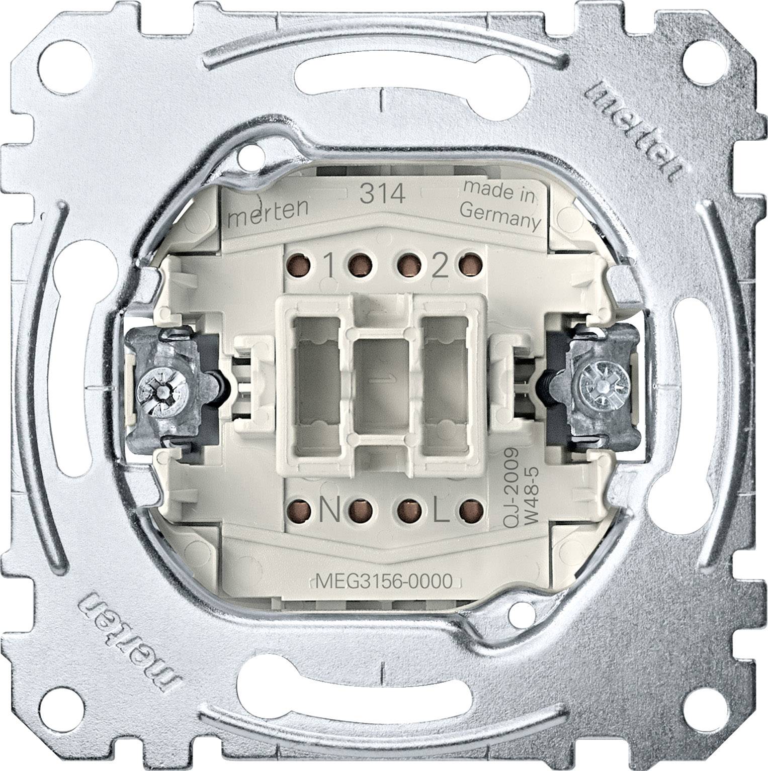 Lichtschalter-Einsatz, Marke Merten, Modellnummer MEG3156-0000, hergestellt in Deutschland. Metallrahmen mit Schraubbefestigungen.