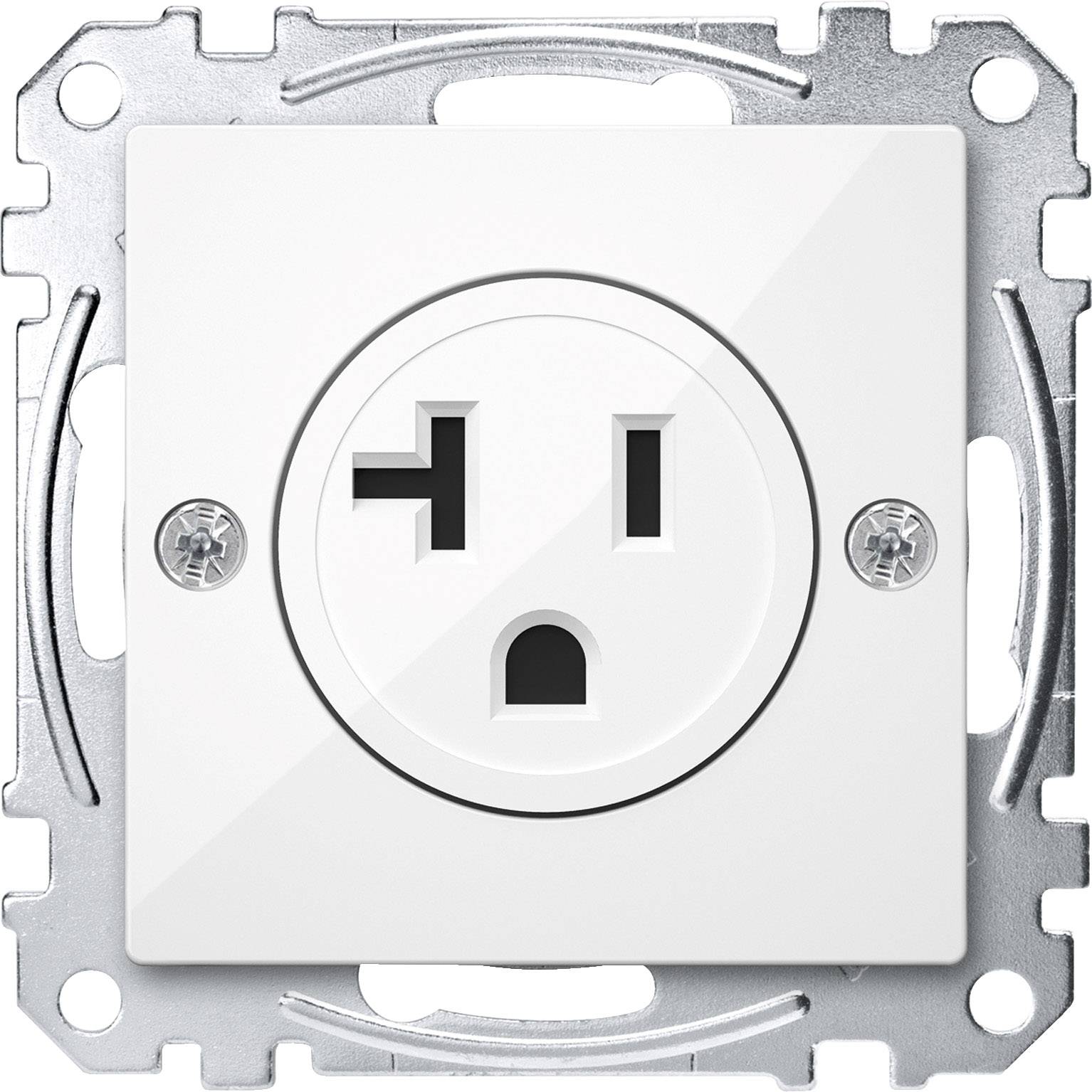 Weiße Steckdose mit drei Öffnungen für US-Stecker, umgeben von einem silbernen Metallrahmen zur Wandmontage.