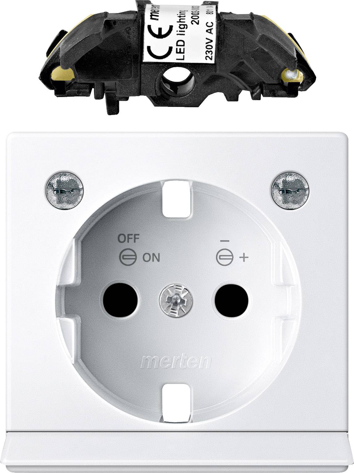 Steckdose mit integriertem Schalter zur Steuerung der Beleuchtung. Oben ein herausnehmbarer Einsatz mit LED-Anzeige für Ein/Aus-Status.