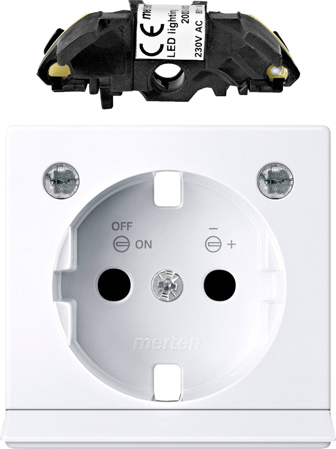 Steckdose mit LED-Lichtanzeige und Schalter für 'ON' und 'OFF'. Zeigt Stromstatus an. Oben ist ein herausnehmbares LED-Modul.