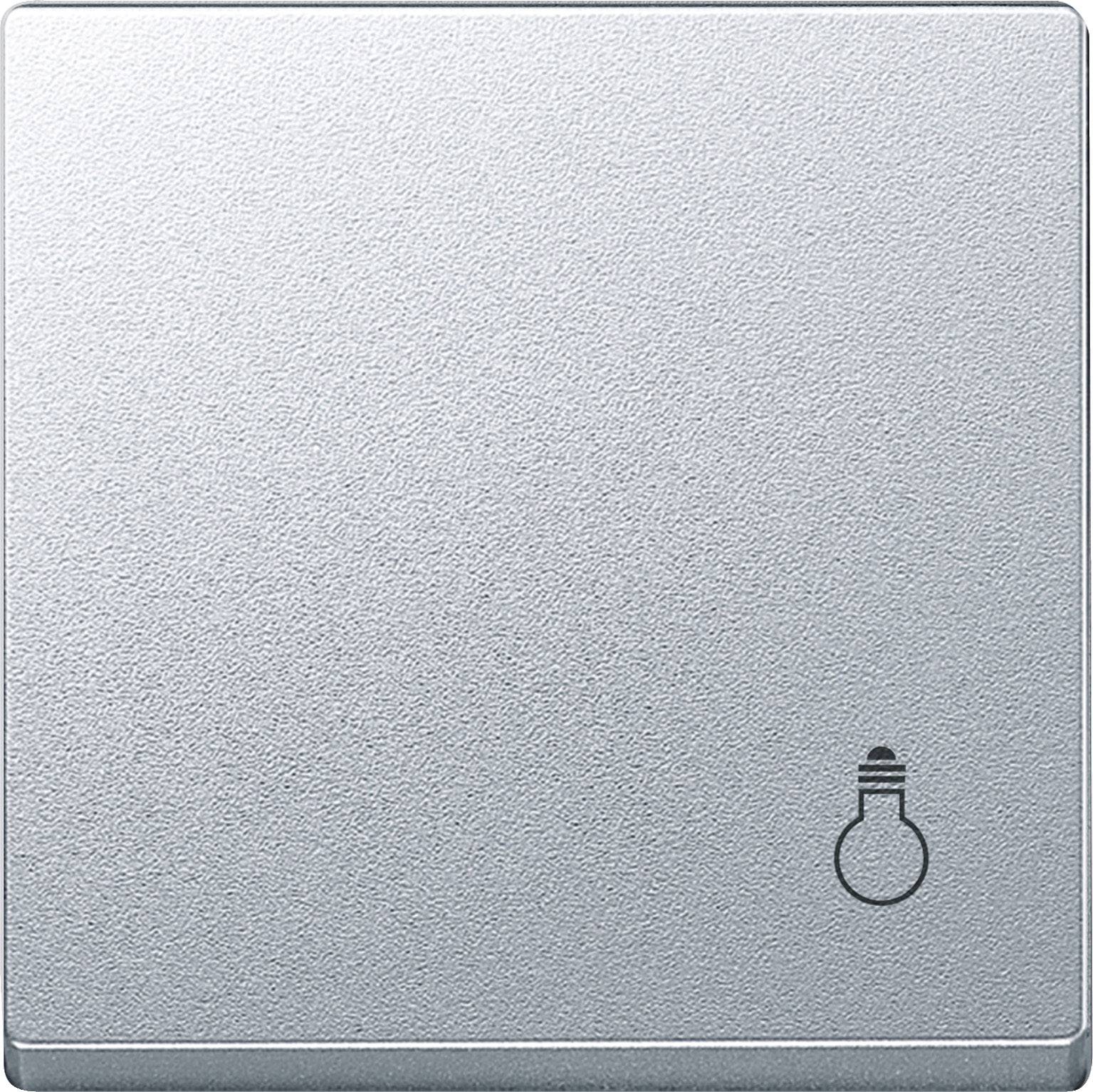 Lichtschalter aus Metall mit Glühbirnensymbol in der unteren rechten Ecke.