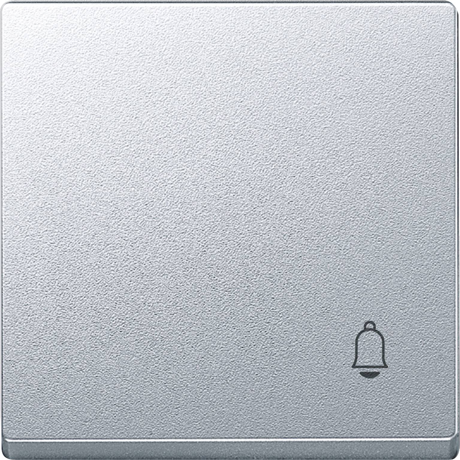 Ein grauer Lichtschalter mit einem kleinen Glockensymbol in der unteren rechten Ecke.