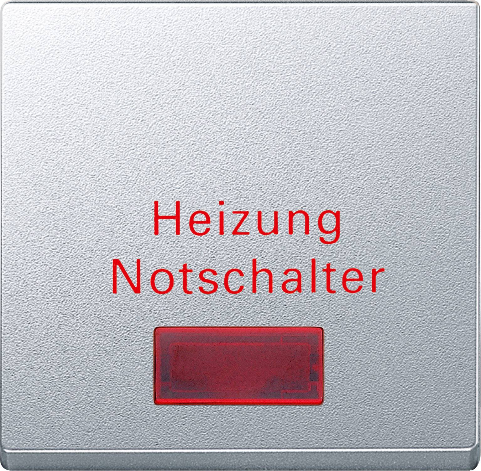 'Heizung Notschalter' in roten Buchstaben auf einem silbernen Hintergrund mit einem roten Schalter unten.
