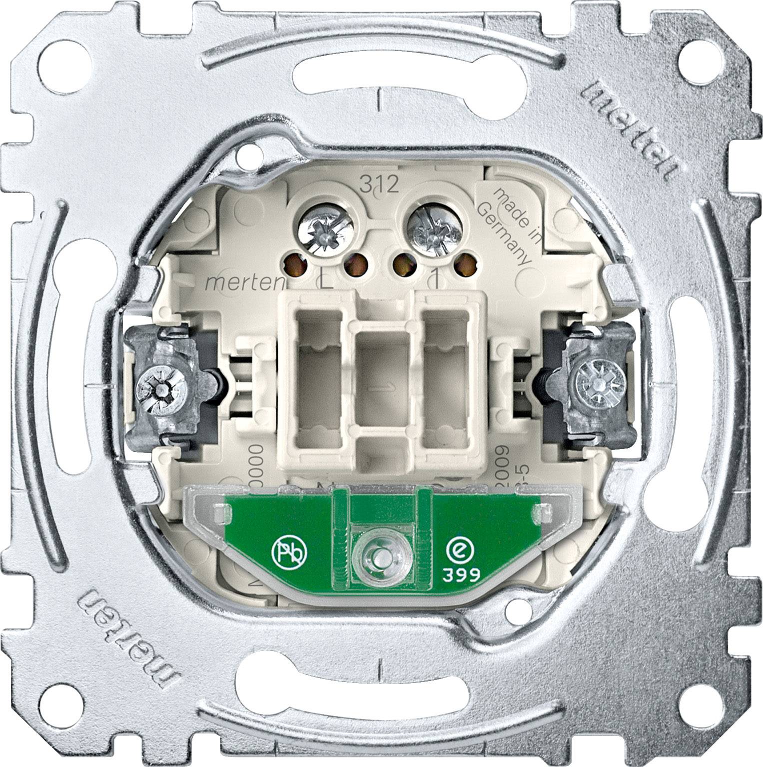 Ein mechanischer Schalter-Einsatz mit Metallrahmen und Schraubanschlüssen, geeignet für die Installation in elektrischen Systemen.