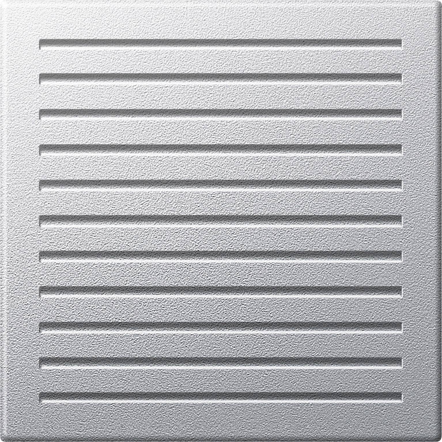 Graue, quadratische Lüftungsabdeckung mit parallel verlaufenden horizontalen Lamellen auf strukturierter Oberfläche.