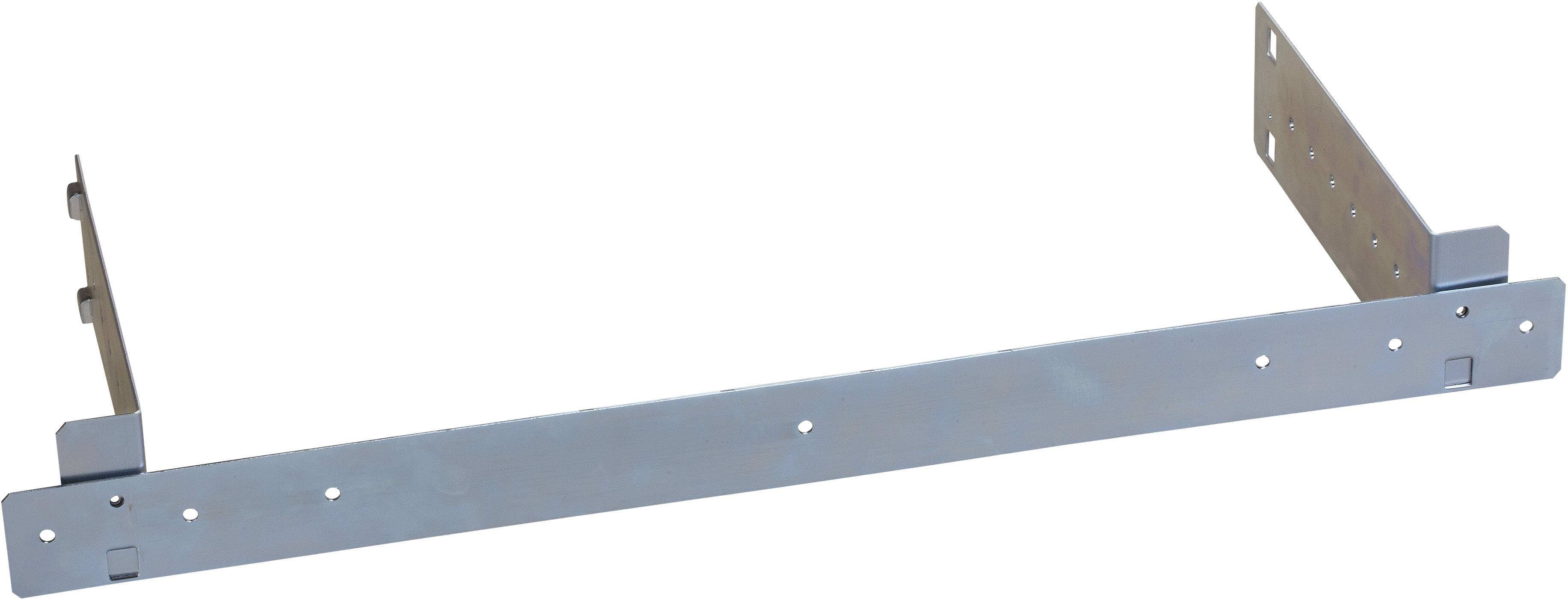 Metallhalterung in L-Form, vermutlich zur Befestigung von Geräten in einem Rack. Silberne Farbe mit mehreren Schraubenlöchern.