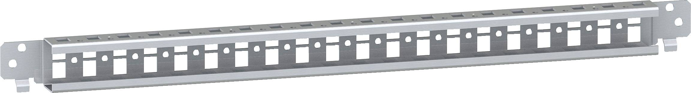 Metallisches Patchpanel mit 24 Ports für Netzwerkkabel, zur Montage in Serverschränken, ohne Kabelanschlüsse.
