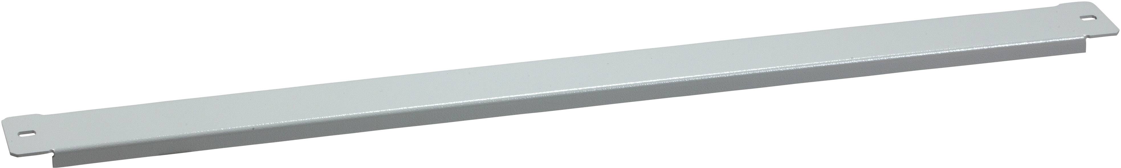 Ein graues, rechteckiges Metallblech mit zwei kleinen Löchern an den Enden, vermutlich für Montagezwecke.