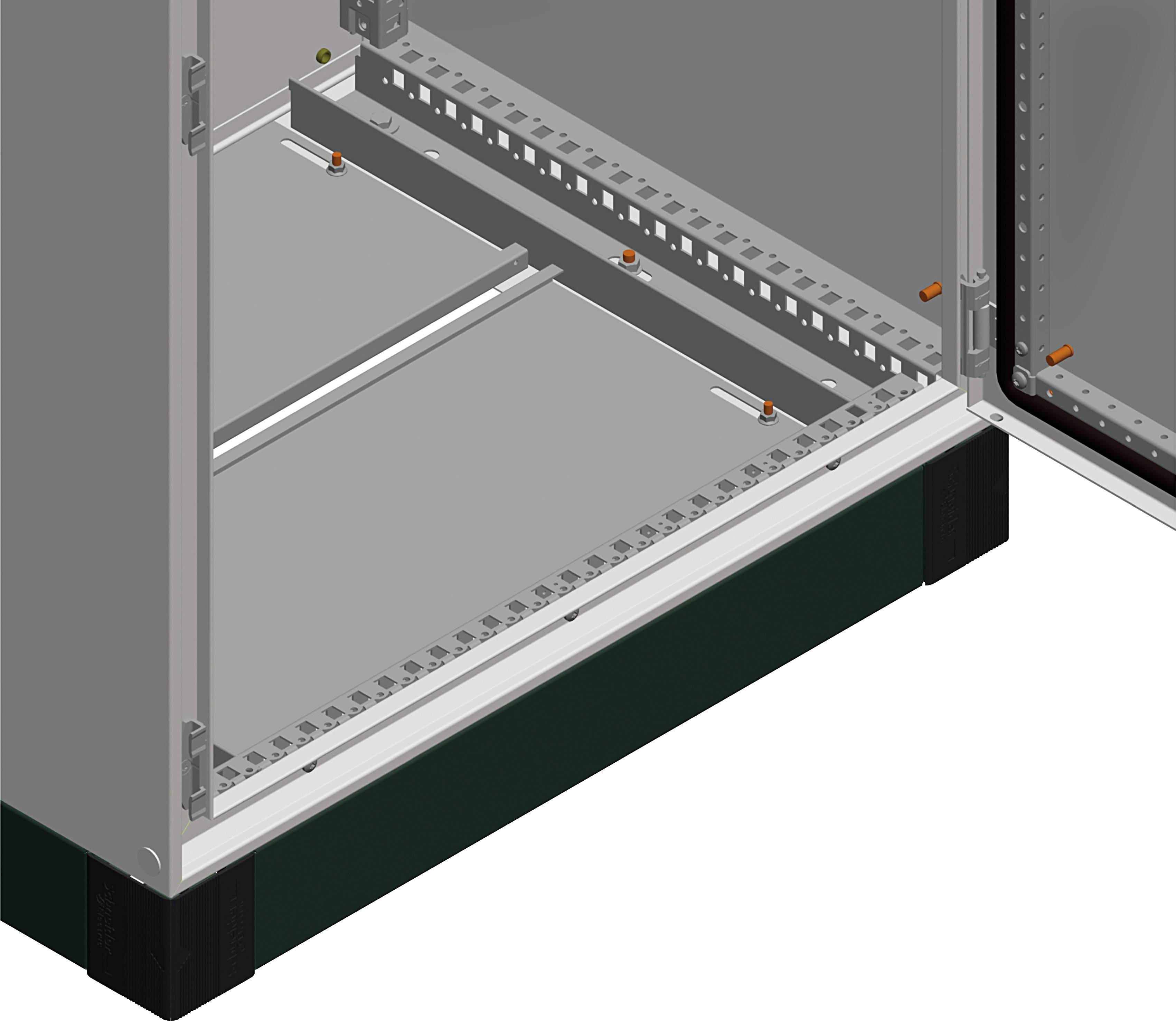 Ein offener Schaltschrank zeigt das Innenleben mit Schienen und Montageplatten. Keine elektrischen Bauteile sichtbar.