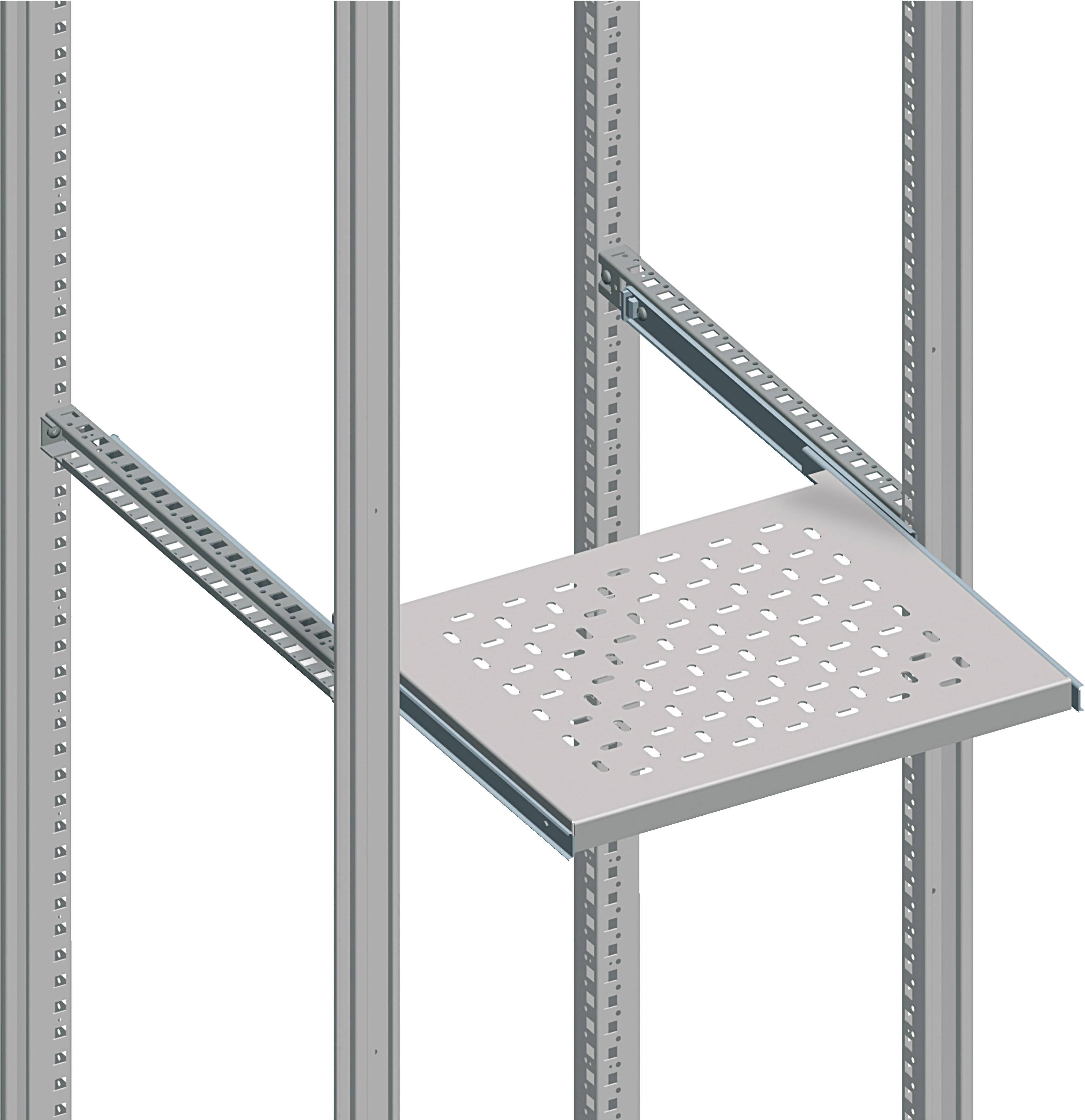 Metallisches Rack-Montagesystem mit perforiertem Regal, geeignet für die Installation von technischen Geräten oder Servern.