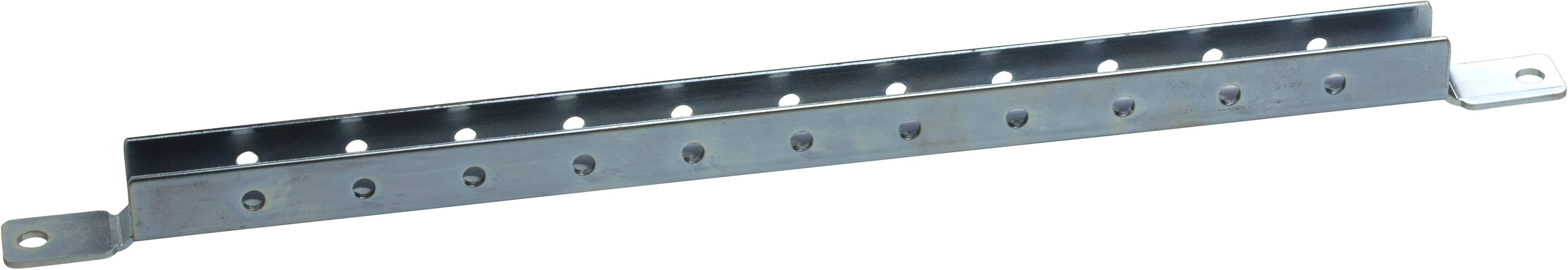 Eine lange, metallische Lochplatte mit mehreren rundlichen Löchern und zwei Laschen an den Enden für Befestigungszwecke.