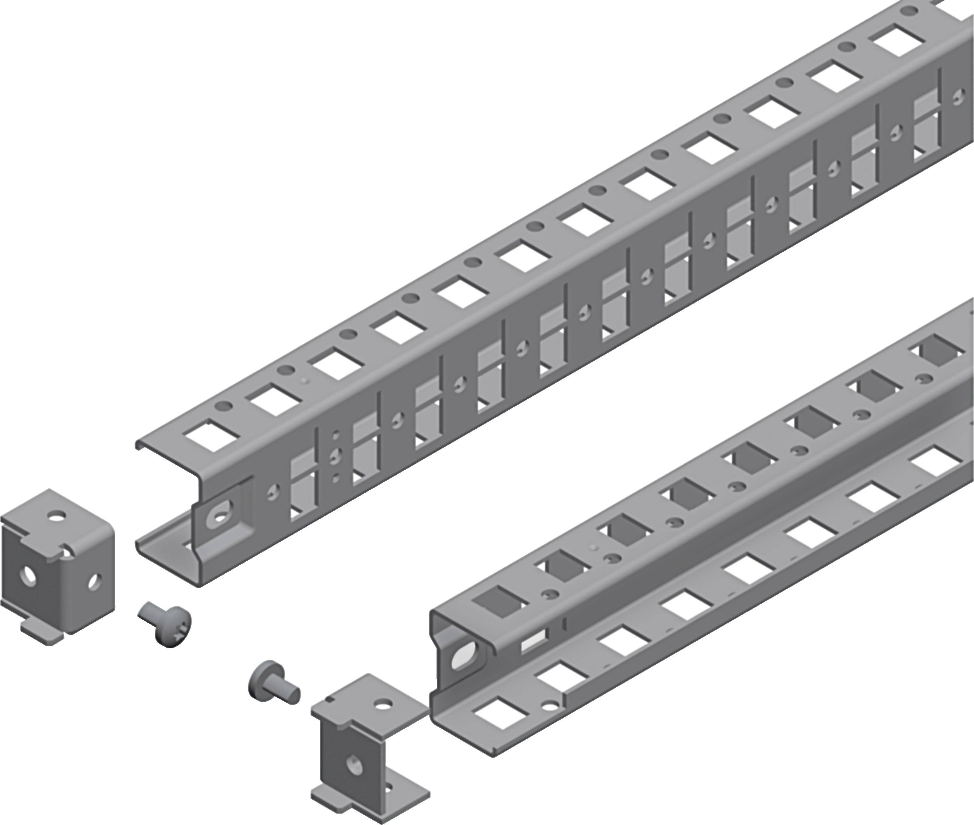 Stahlträger mit quadratischen Löchern, auseinandergebaut in Segmente. Zwei Schrauben und eine Halterung liegen daneben.