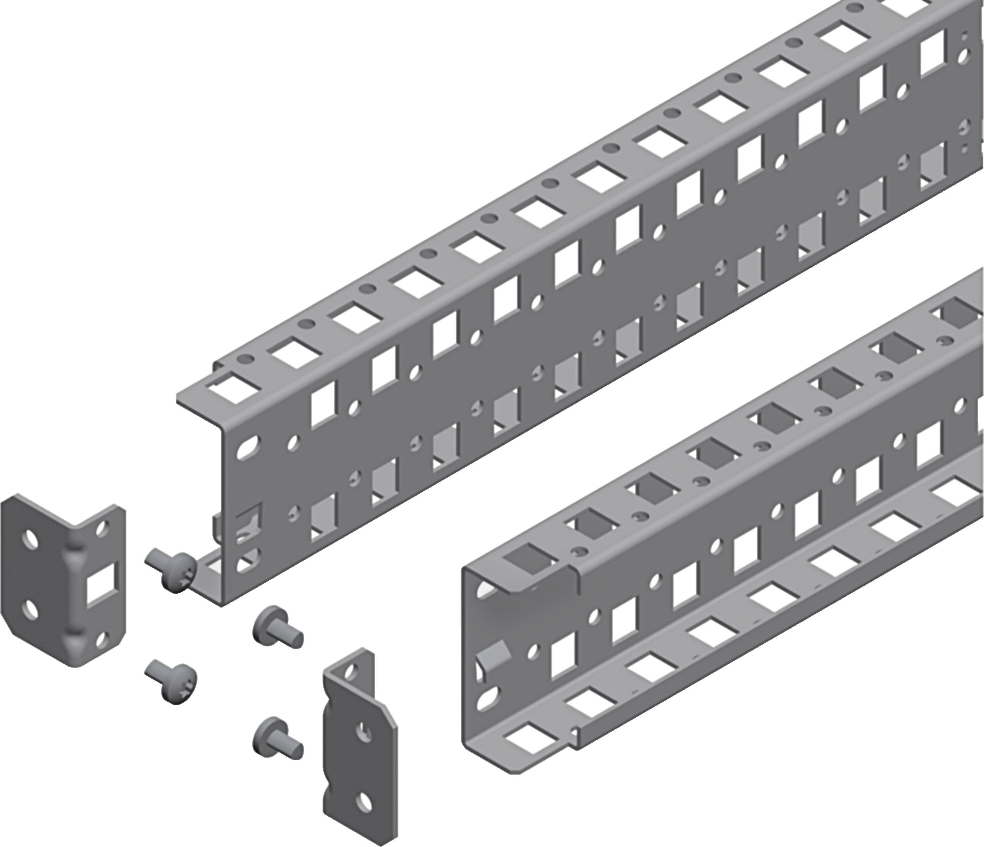 Metallwinkelprofil mit quadratischen Löchern, Kappen und Schrauben. Verwendet für industrielle Befestigung oder Regalbau.