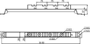 Technische Zeichnung eines mechanischen Bauteils mit Maßen in mm, zeigt Seiten- und Vorderansicht, inklusive Bohrlochpositionen.