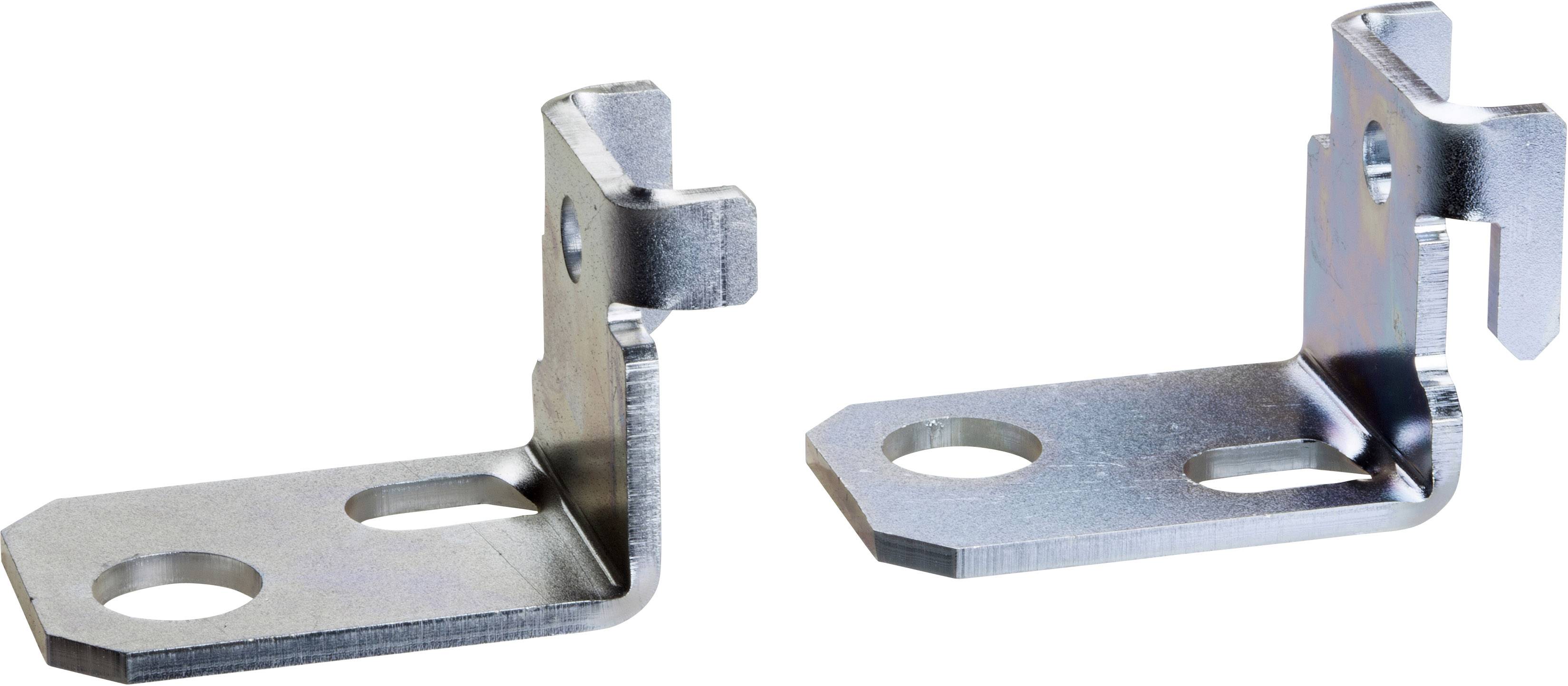 Zwei metallische Haltewinkel mit Bohrlöchern, rechteckiger Form, im rechten Winkel gebogen. Geeignet für Befestigungen in Konstruktionen.