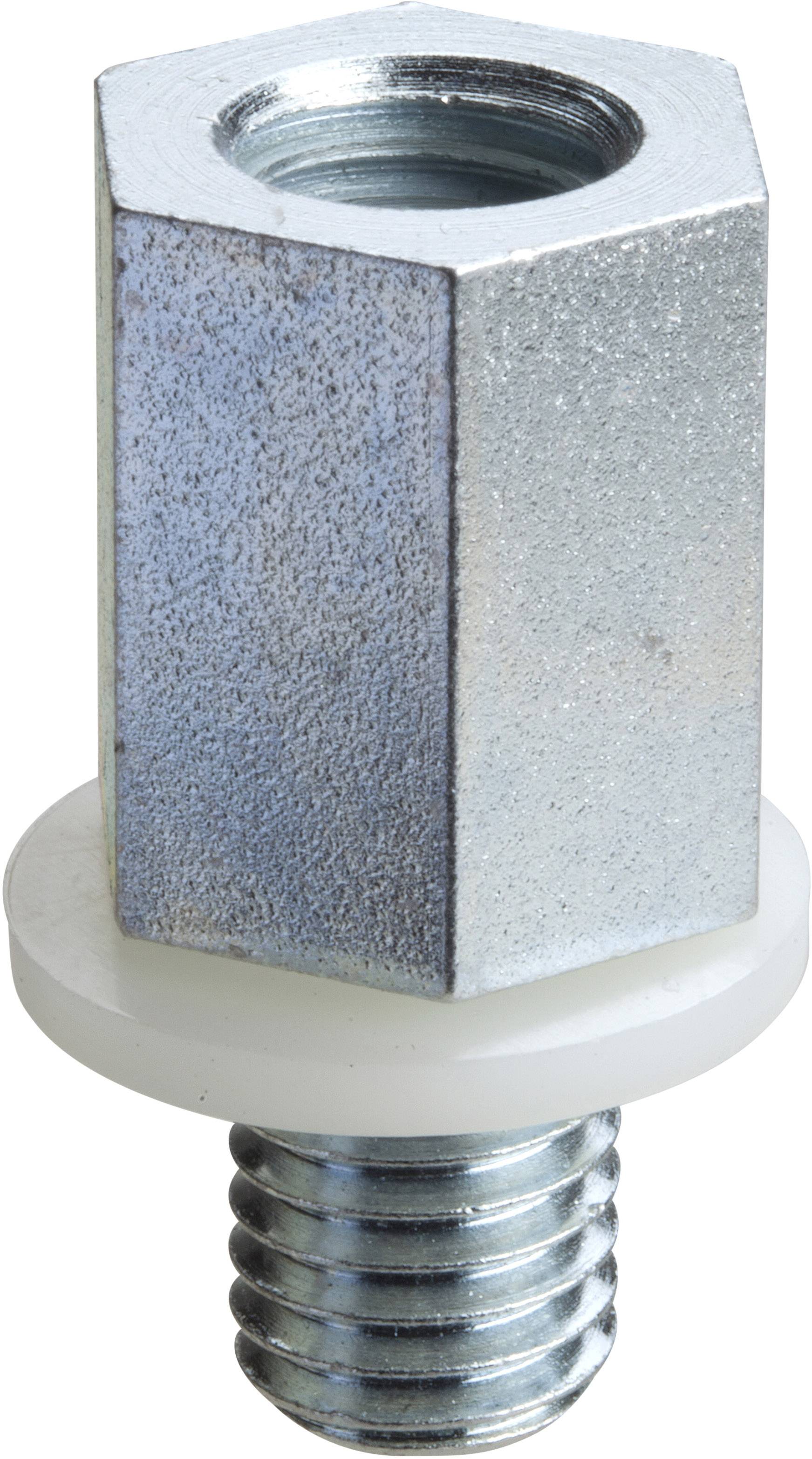 Silberne Metalladapterhülse mit sechseckigem Gewinde und Kunststoffunterlegscheibe, oft in mechanischen Verbindungen verwendet.