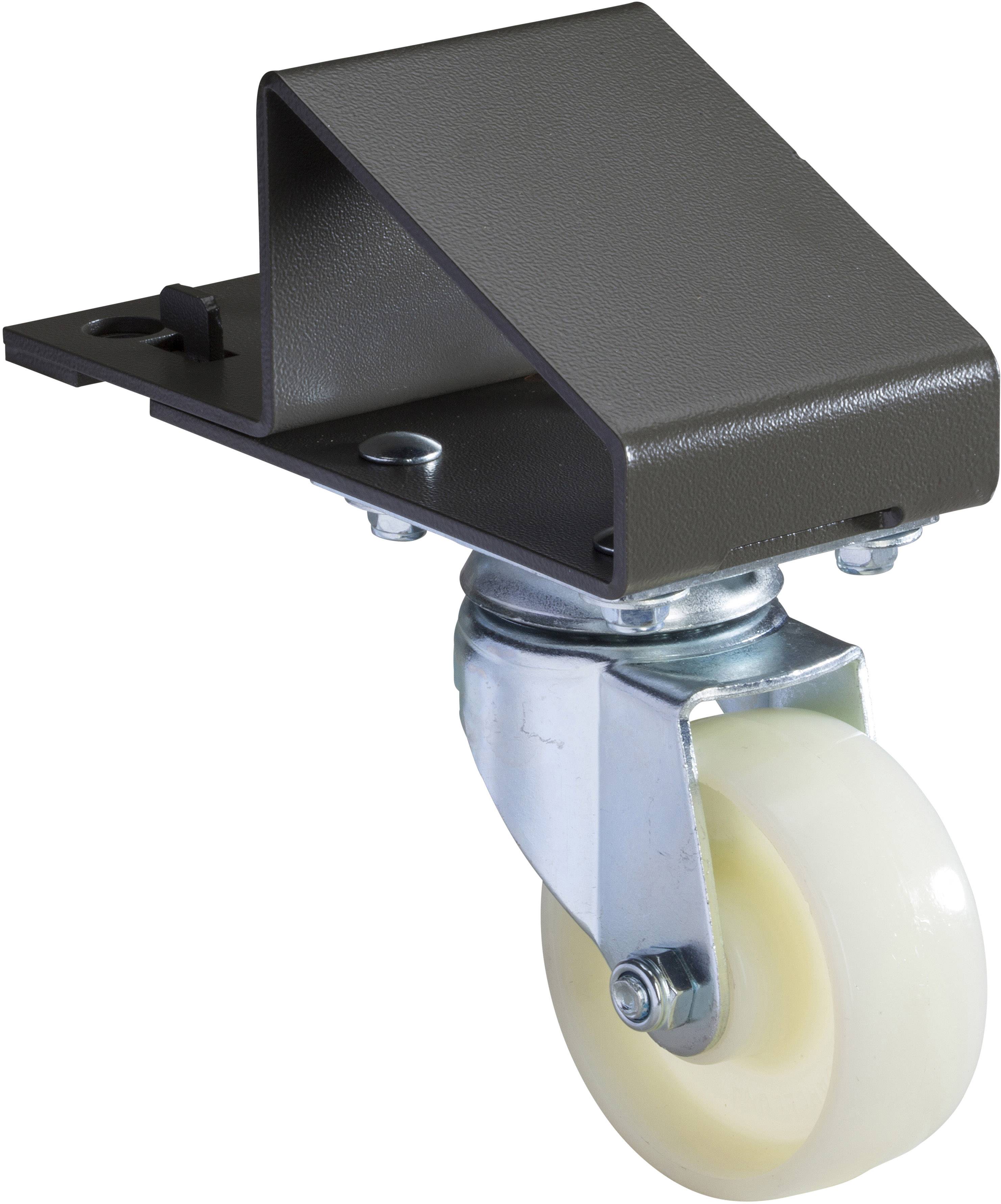 Industrie-Rollenrad mit Metallhalterung, geeignet für Möbel und Transportgeräte. Rollen aus weißem Kunststoff, Metallrahmen oben.