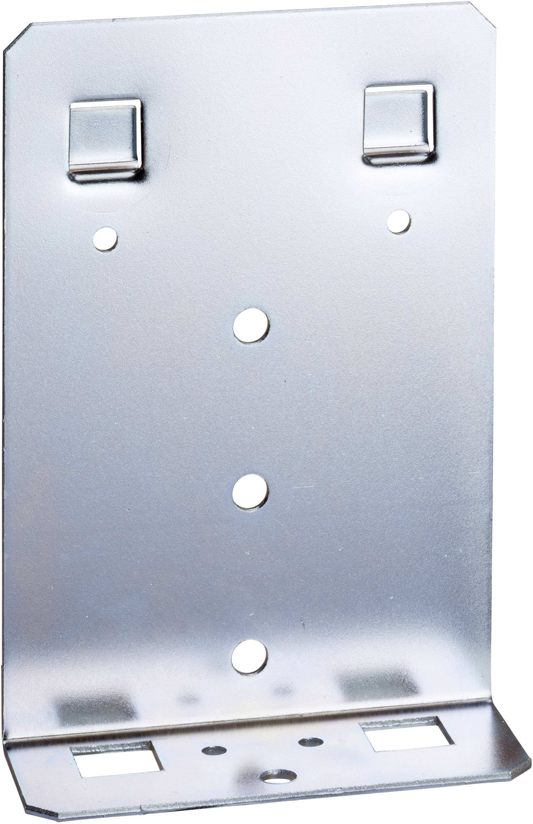 Metallwinkel mit Löchern zur Befestigung an Wand oder Möbel; zwei nach innen zeigende Haken oben für zusätzlichen Halt.