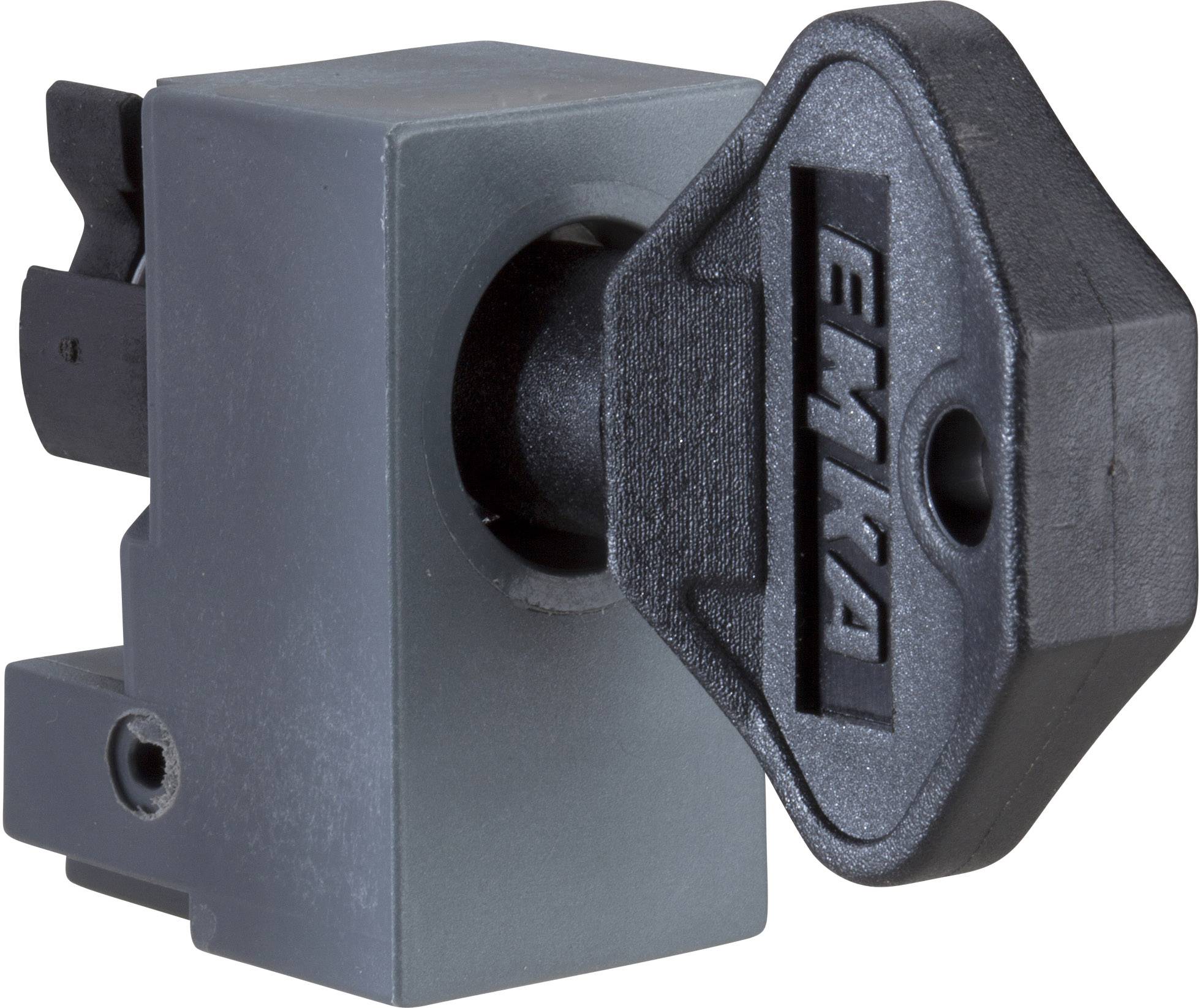 Nahaufnahme eines schlüssellosen, grauen Verriegelungsmechanismus mit einem schwarzen Drehgriff, markiert mit dem Wort EMKA.