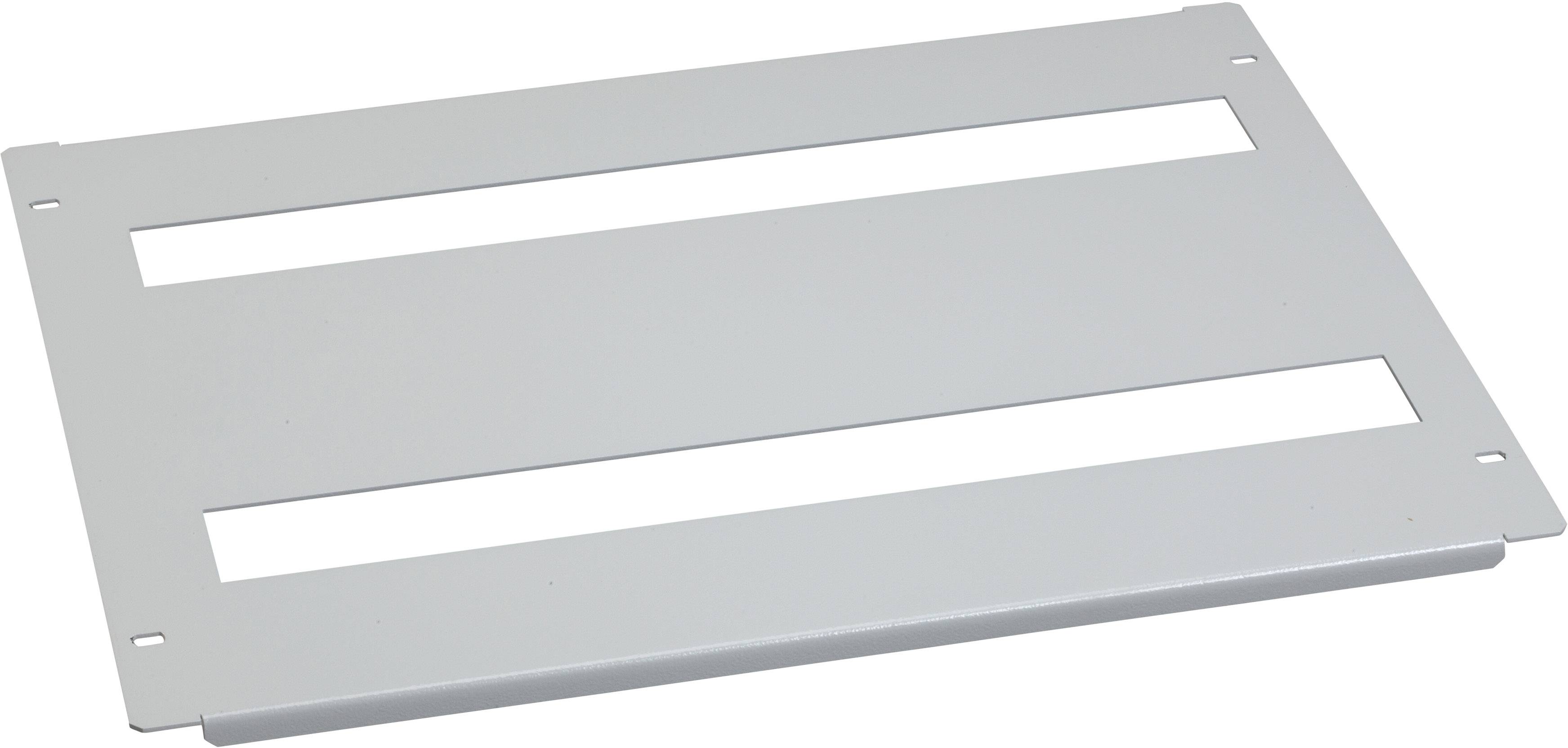 Grau lackiertes Metallblech mit zwei rechteckigen Ausschnitten und vier Befestigungslöchern an den Ecken.