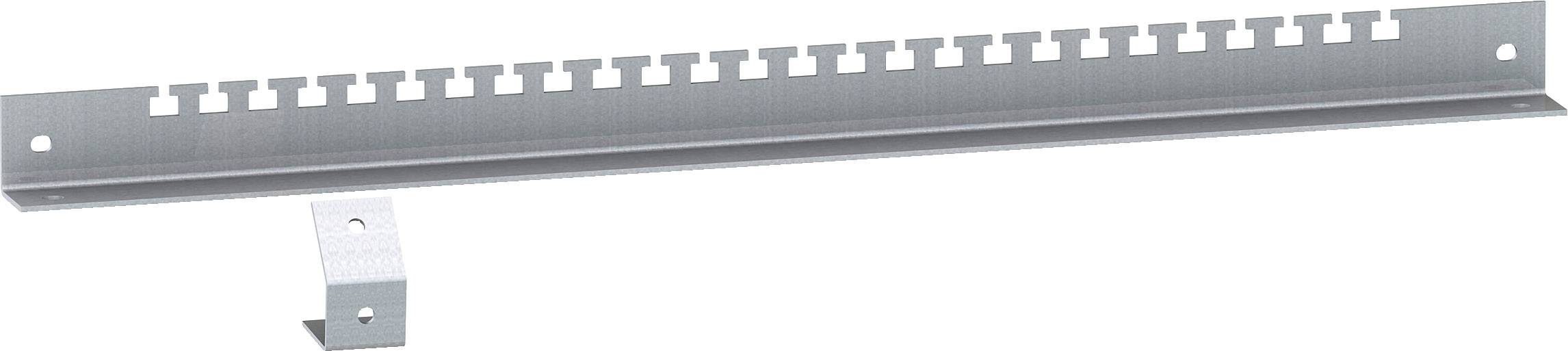 Metallisches Ordnungssystem für Kabel mit mehreren quadratischen Öffnungen zur Befestigung und Organisation von Kabeln.