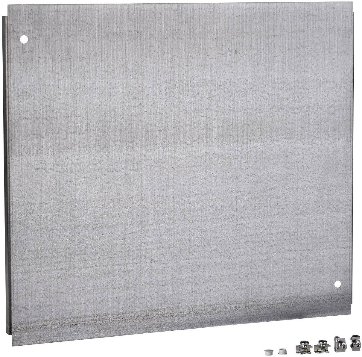 Graue Metallplatte mit kleinen Befestigungselementen am unteren rechten Rand, geeignet für industrielle Montage.