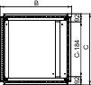 Technische Zeichnung eines quadratischen Objekts mit äußeren Abmessungen und Bezeichnungen 'B', 'C', und 'C-184'.