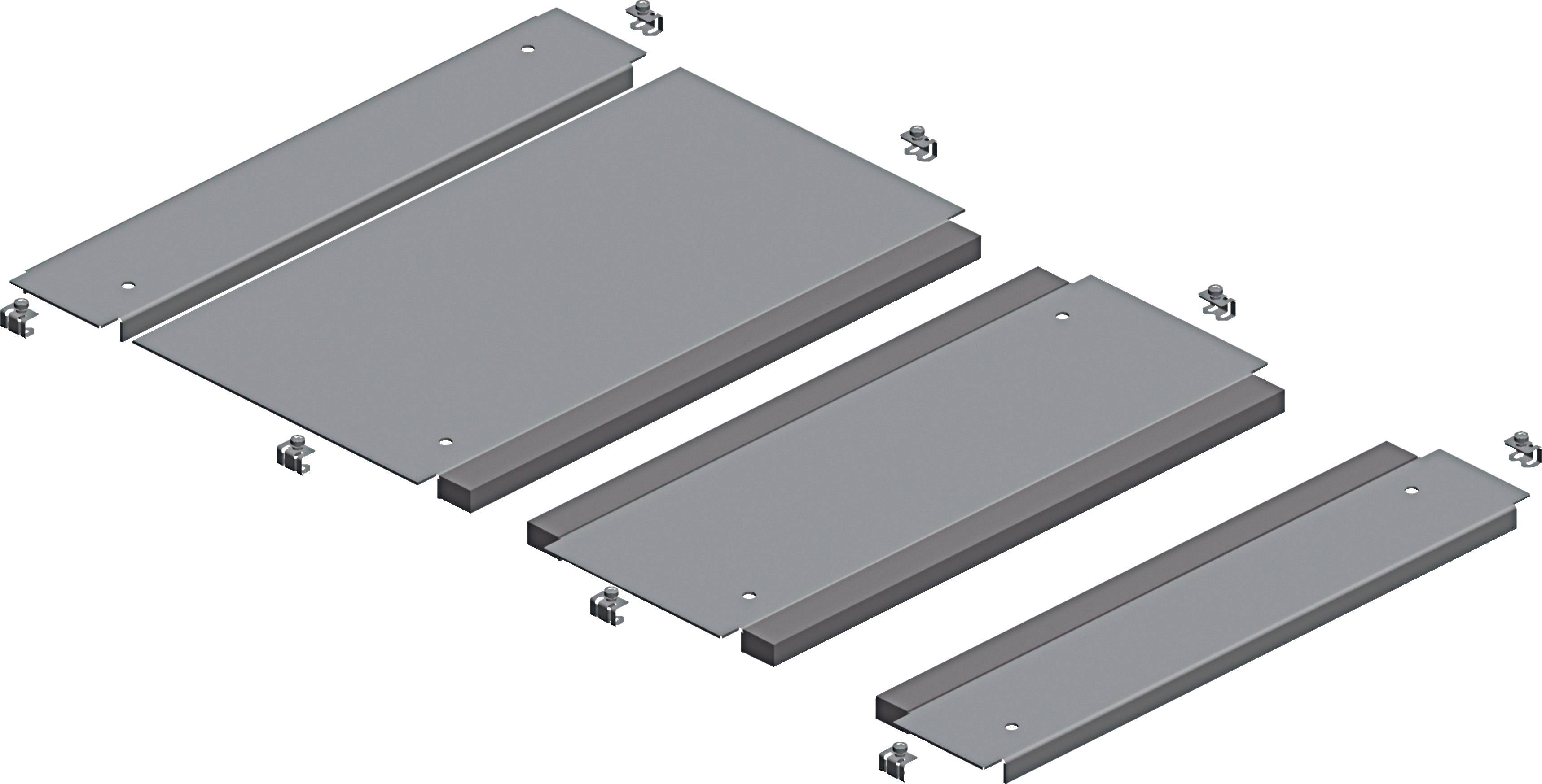 Metallplatten und Schrauben in einem Anleitungsdiagramm, das den Zusammenbau von rechteckigen Teilen zeigt.