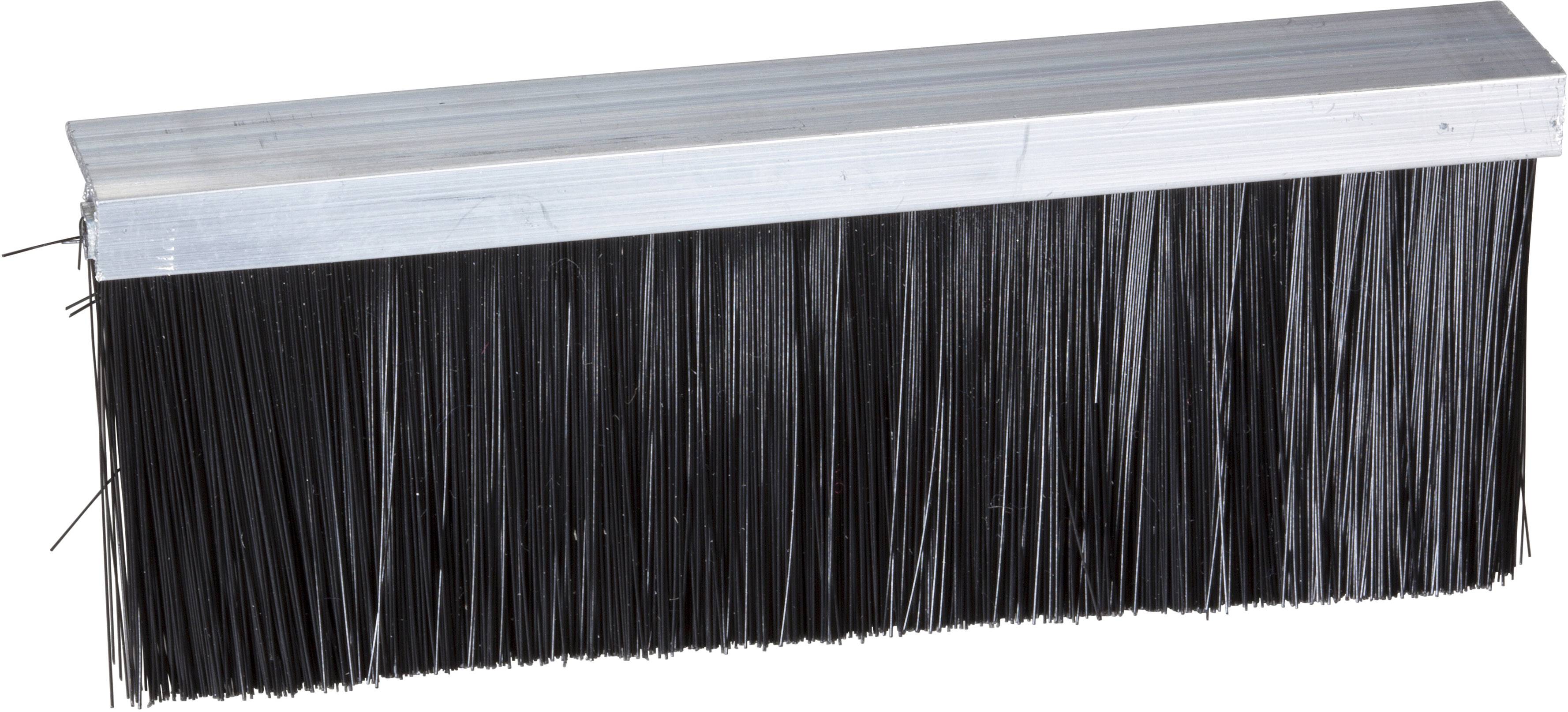Eine schwarze Bürstenleiste mit Aluminiumhalterung, verwendet zur Reinigung oder als Dichtung gegen Staub und Schmutz.