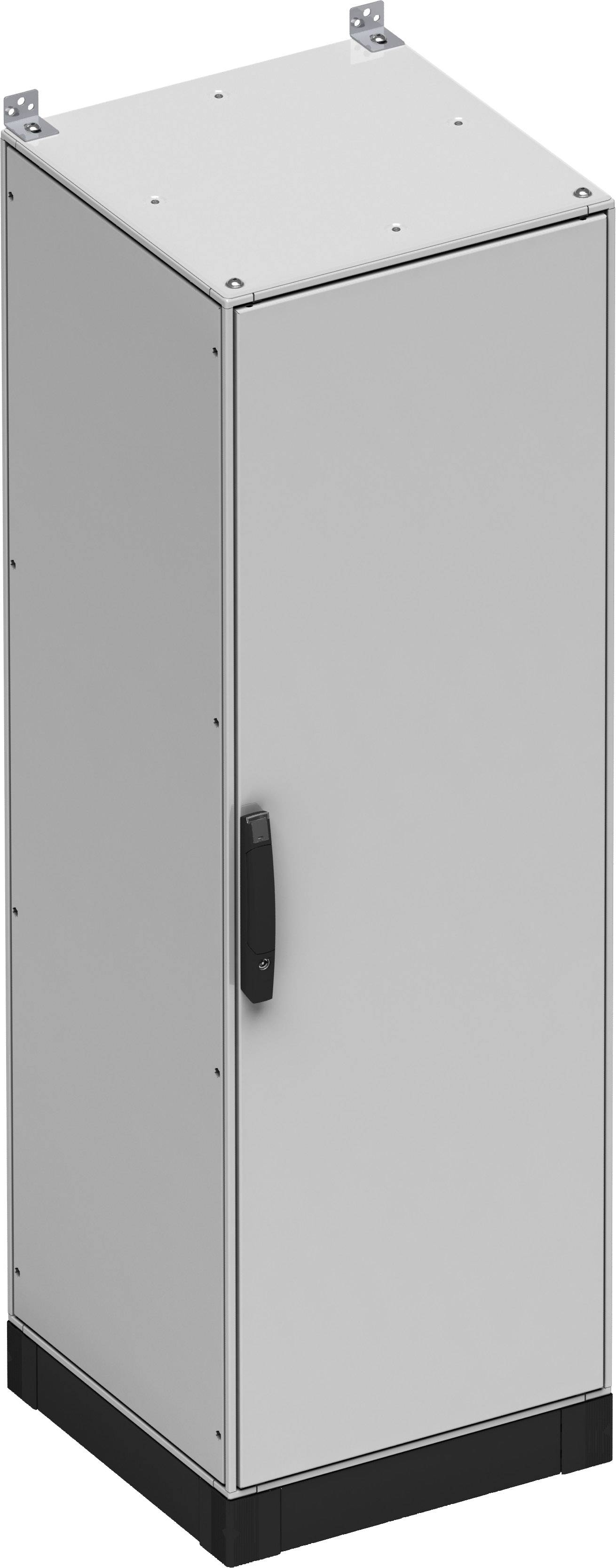 Ein grauer, rechteckiger Metallschrank mit einer Tür und einem schwarzen Griff, geeignet für die Aufbewahrung von Geräten oder Materialien.