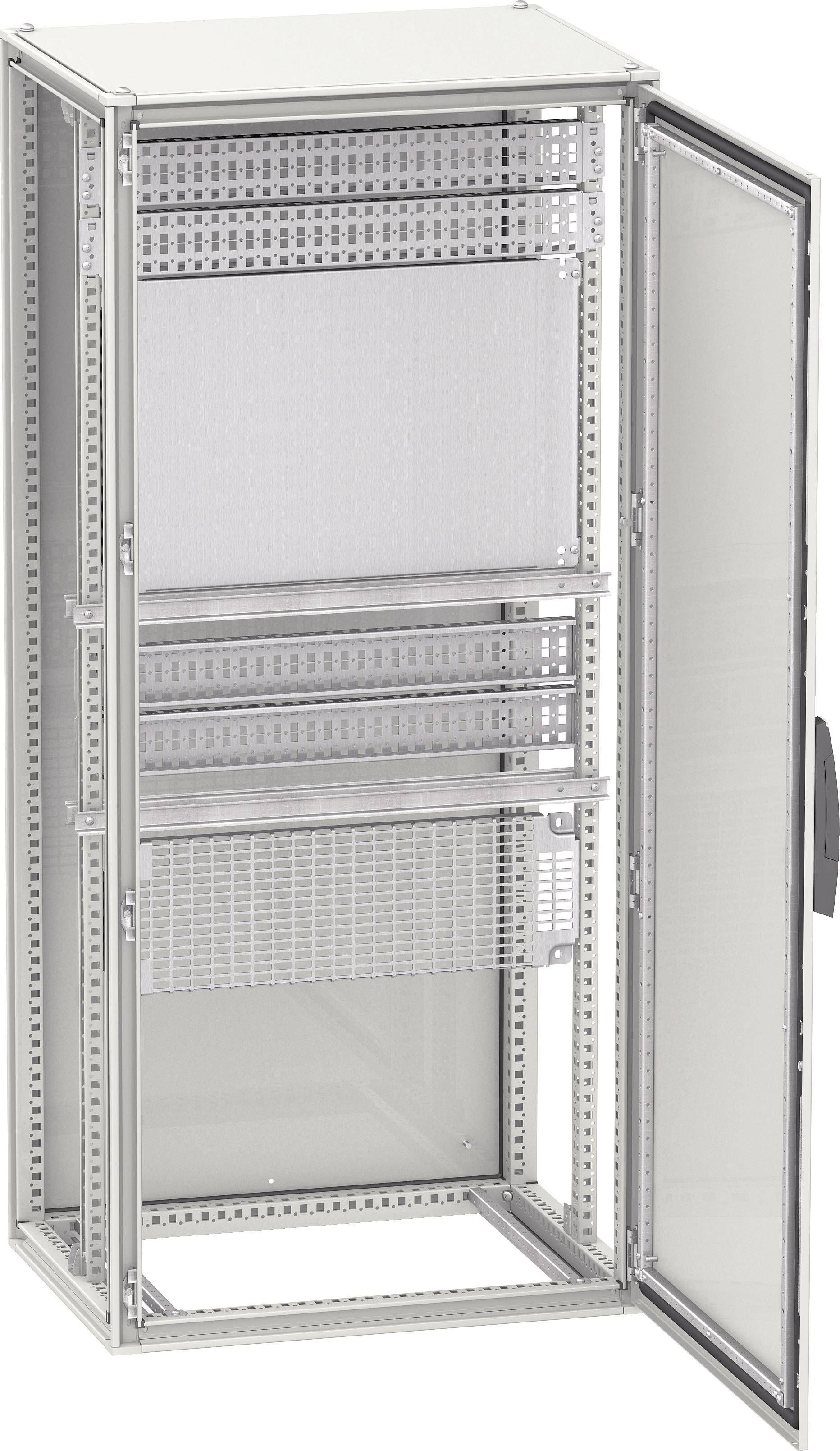 Ein geöffneter Metall-Schaltschrank mit mehreren Fächern und einem perforierten Innenrahmen, geeignet für technische Installationen.