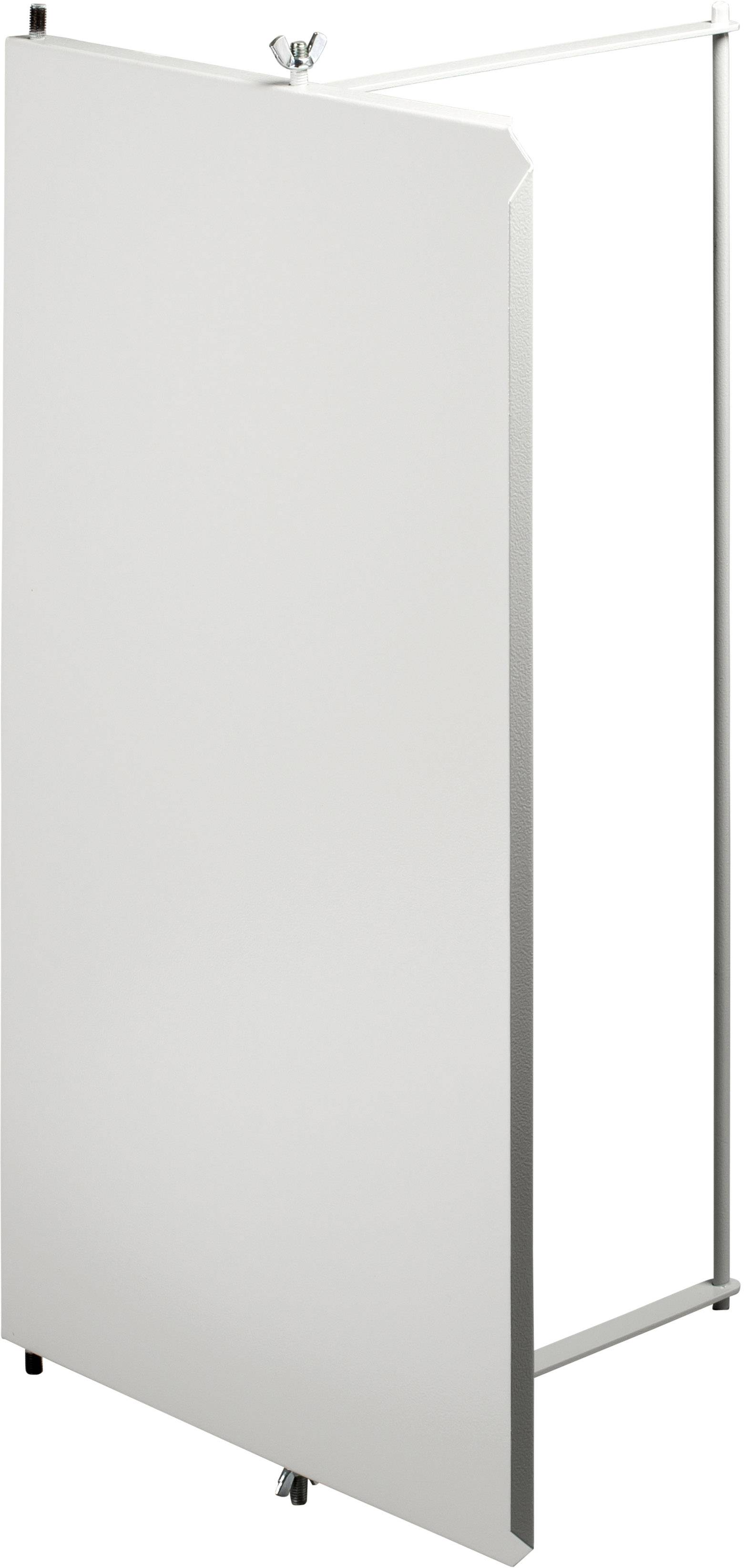 Ein weißes Element ist an einem metallischen Rahmen befestigt, möglicherweise Teil eines Displaysystems oder einer Trennwand.