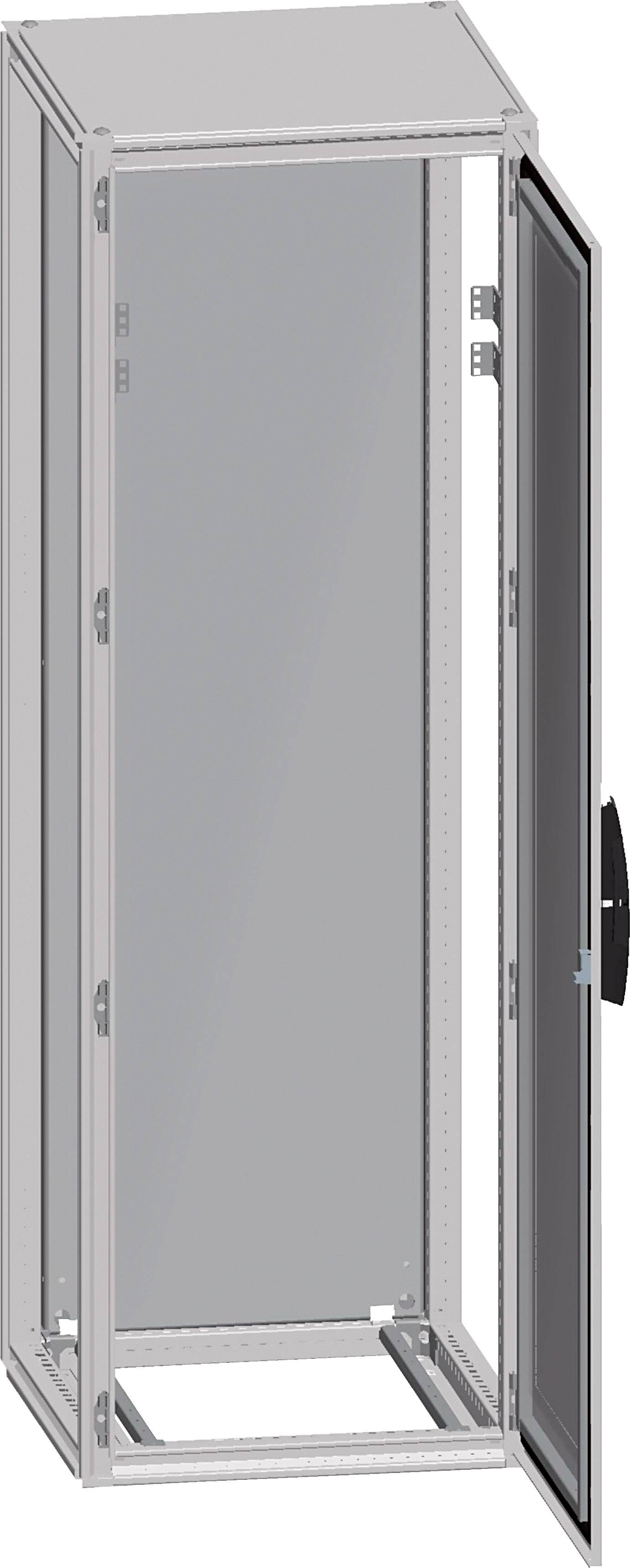 Metallschrank mit offener Tür, ermöglicht Zugriff auf den Innenraum. Schlichtes Design, geeignet für Lagerung oder Installation von Geräten.