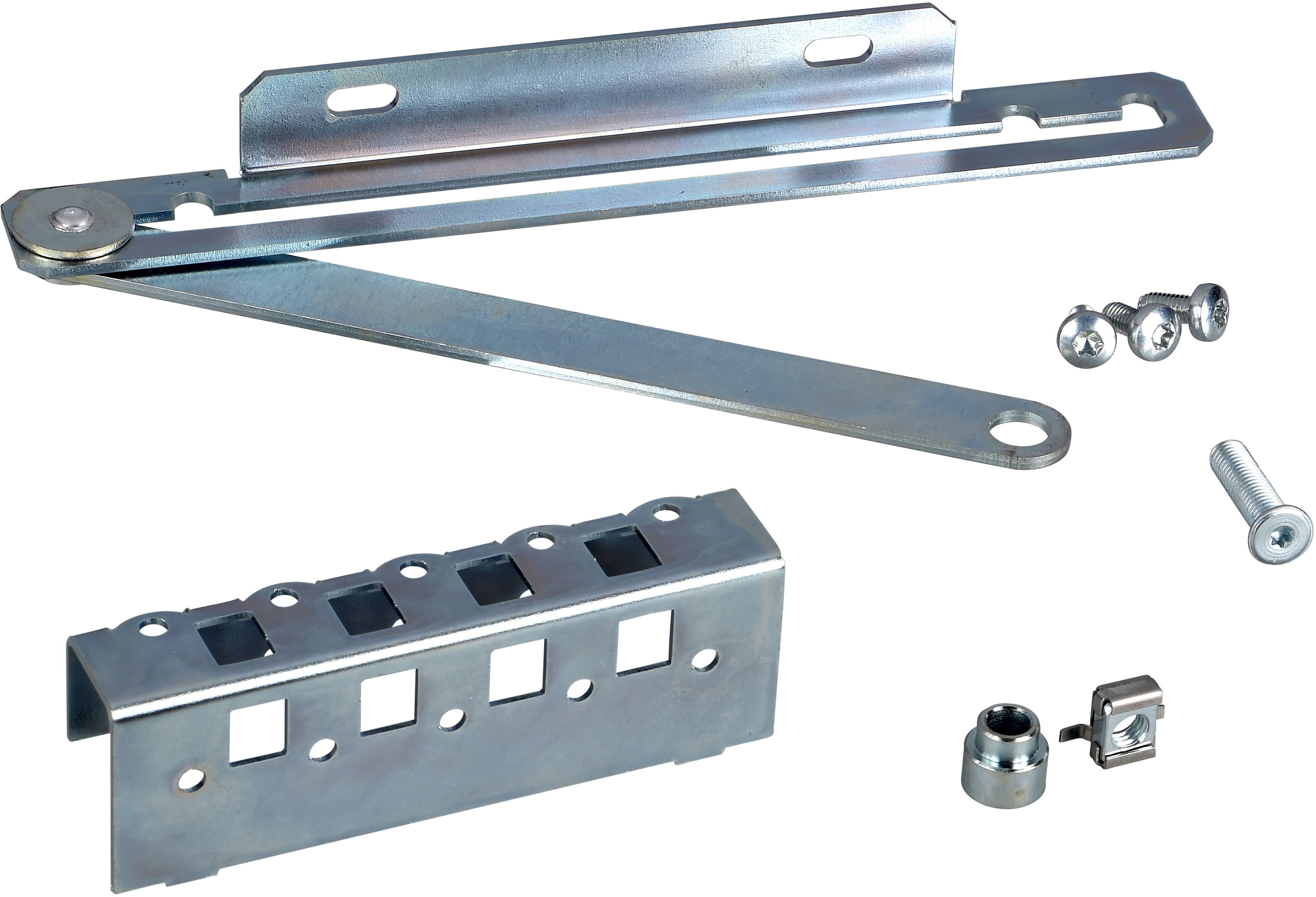 Ein Metallmontageset mit Scharnierteilen und Schrauben, geeignet für die Befestigung an einer Tür oder einem Fensterrahmen.