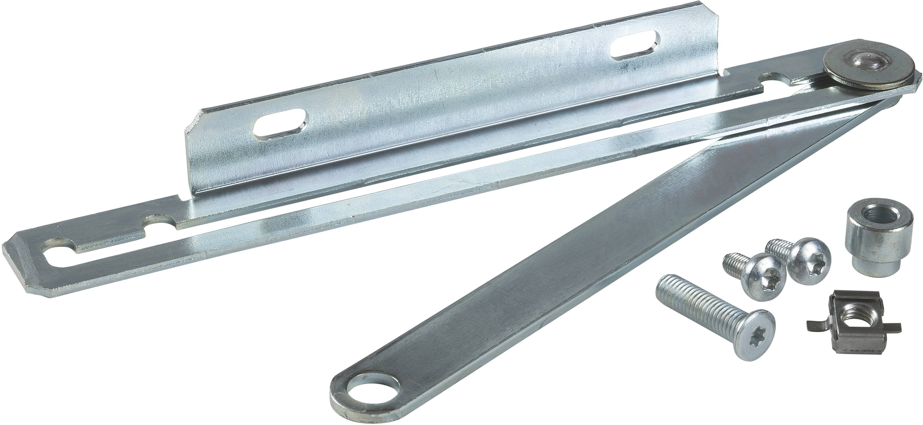 Metallscharnier-Set bestehend aus einem Trägerbügel, einem Scharnierarm, Schrauben und Befestigungselementen auf weißem Hintergrund.