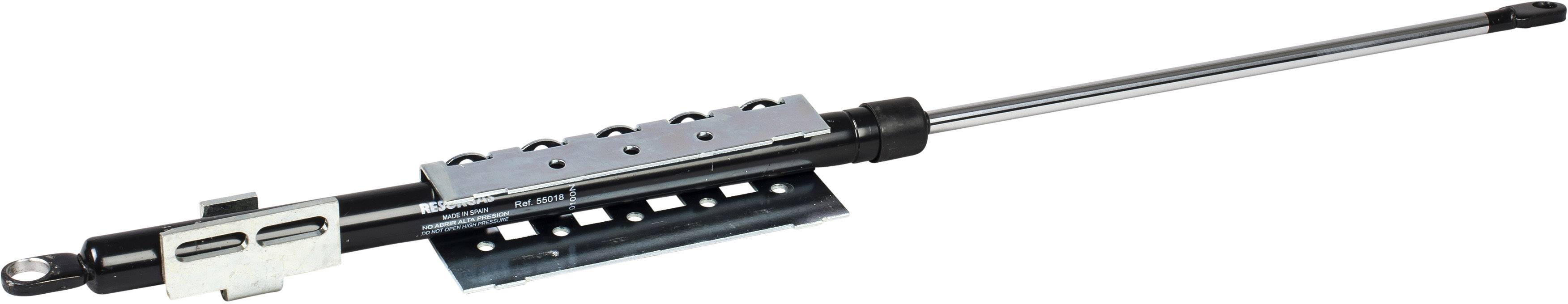 Gasdruckfeder mit fixierter Halterung, ausgefahrene Position, silberne und schwarze Elemente, zur Unterstützung von Hebevorgängen.