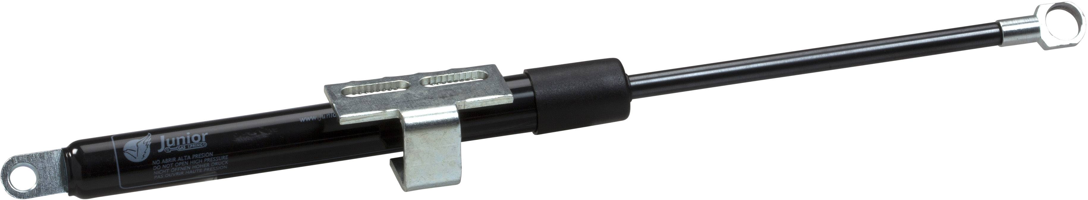 Gasdruckfeder mit schwarzem Zylinder und silbernen Befestigungselementen, geeignet für verschiedenste Hebe- und Senkanwendungen.