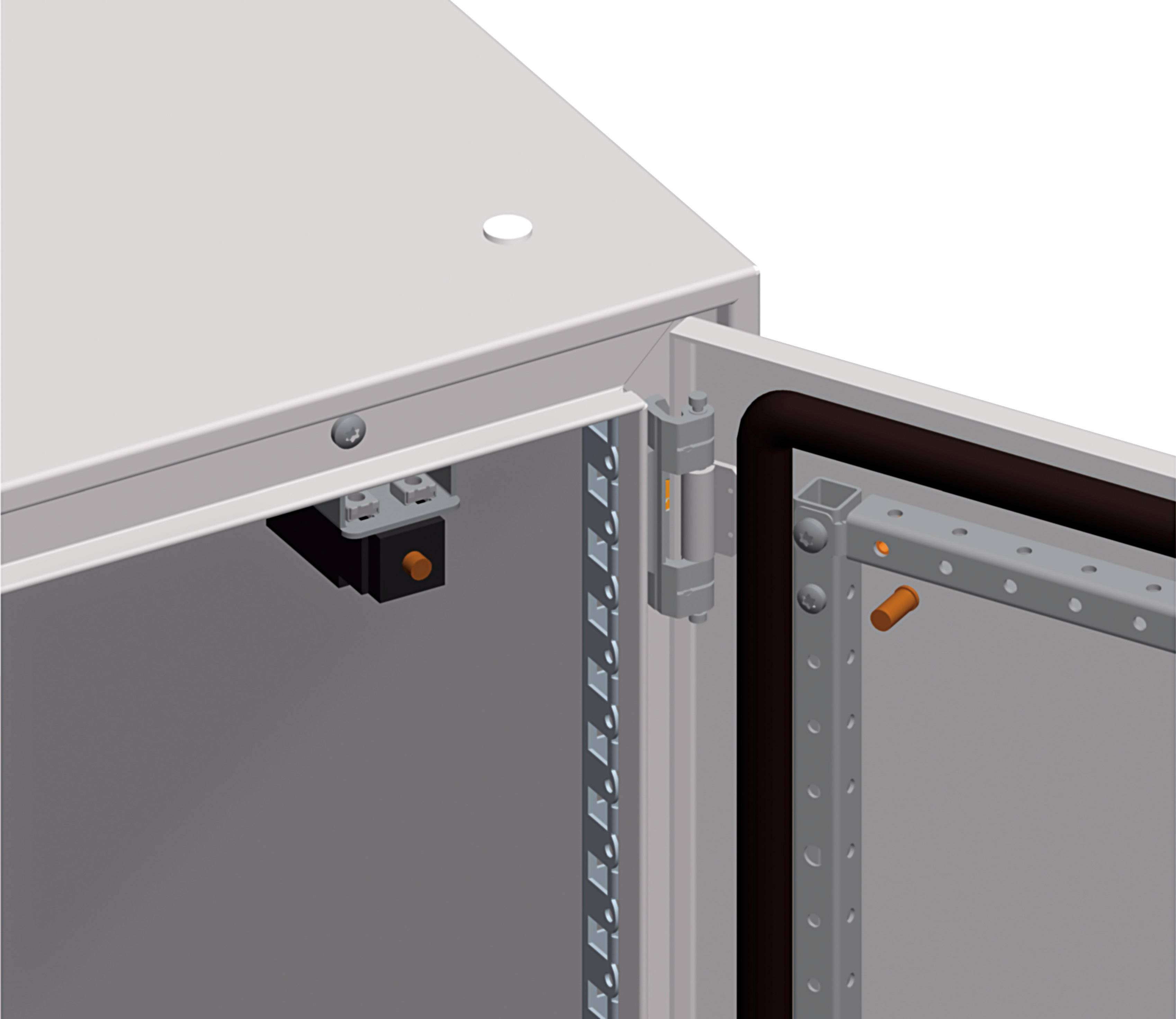 Ein grauer Schaltschrank mit geöffneter Tür, die interne Verriegelung und Scharniere zeigt.