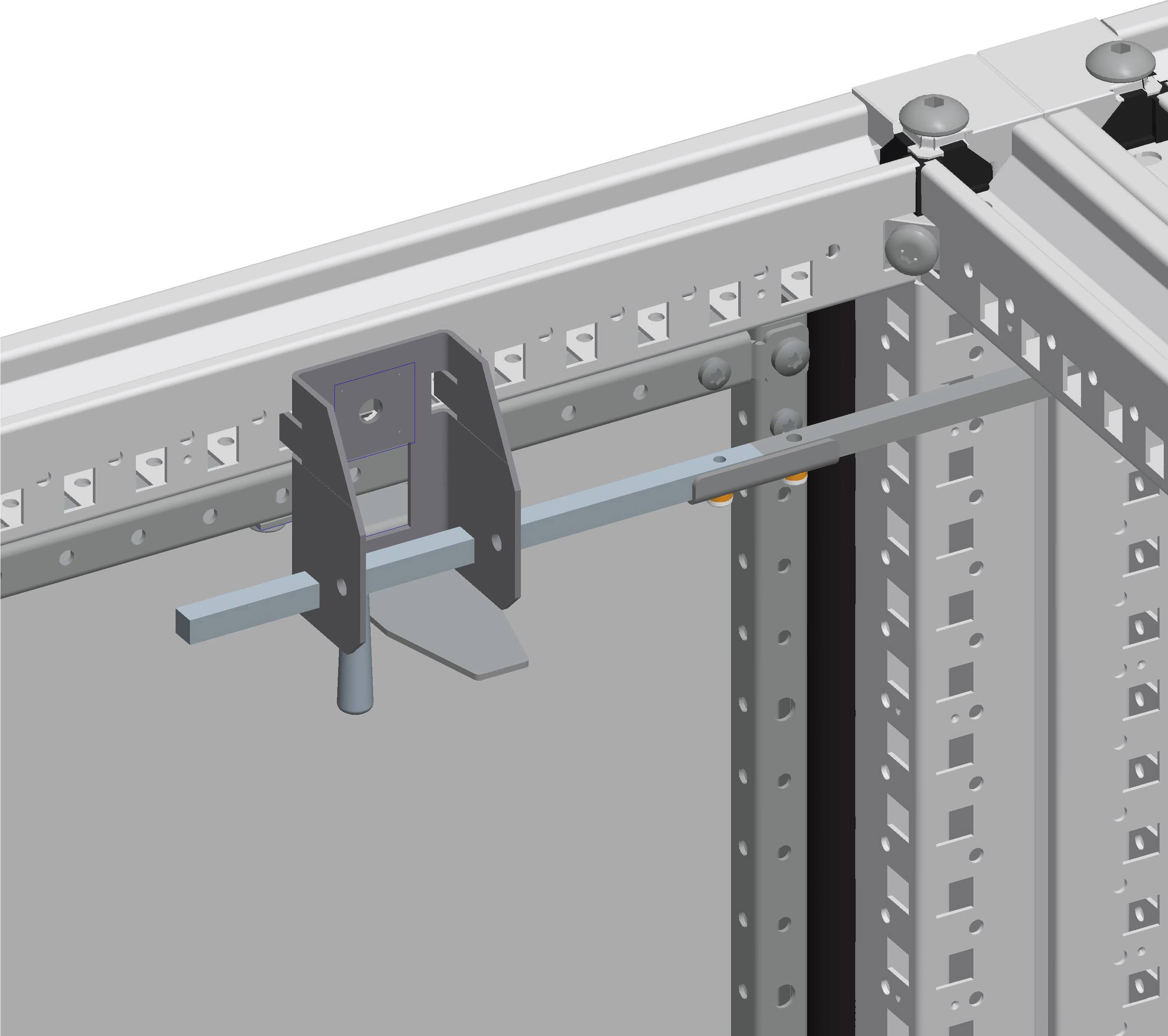 Metallrahmen mit Schlitzen und Befestigungselementen, an denen Stangen und Klammern angebracht sind. Mechanische Haltevorrichtung.