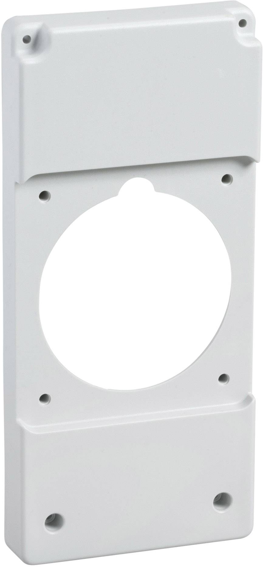 Weiße rechteckige Kunststoffhalterung mit zentralem Rundloch und mehreren Befestigungspunkten, möglicherweise für technische Geräte.